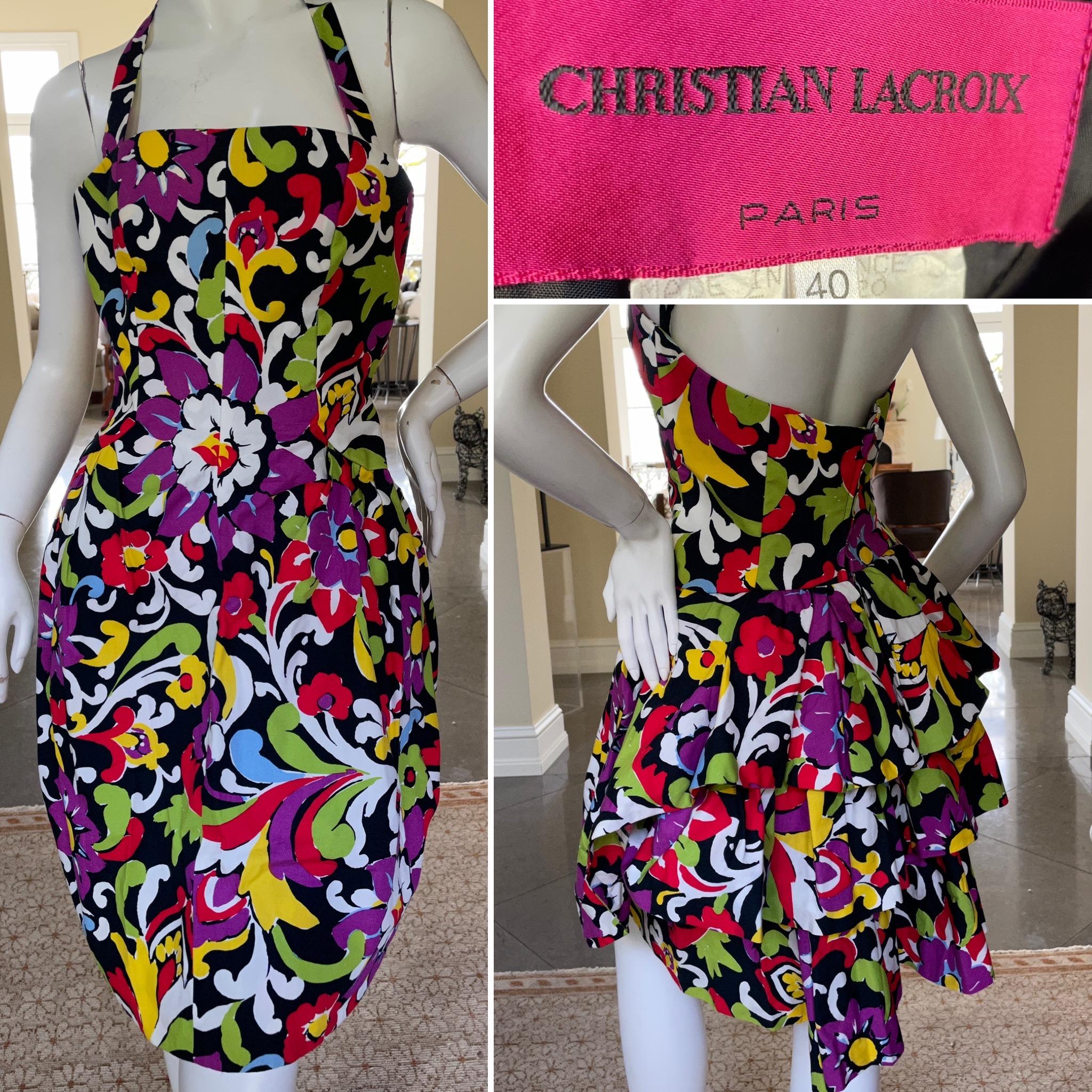 Christian Lacroix Vintage Arlesienne Pattern Cotton Cocktail Dress with Layered Ruffle Bustle Back
Size 40
Bust 34