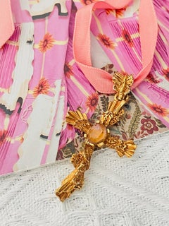 Christian Lacroix Vintage Baroque Cross Relief Oval Crystal Pink Choker Necklace