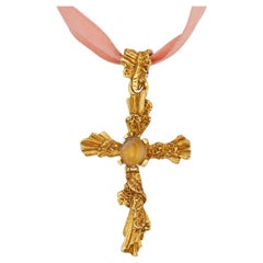 Christian Lacroix Vintage Baroque Cross Relief Oval Crystal Pink Choker Necklace