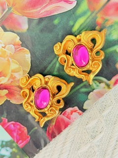 Christian Lacroix Vintage Baroque Heart Gold Amethyst Pink Cabochon Earrings