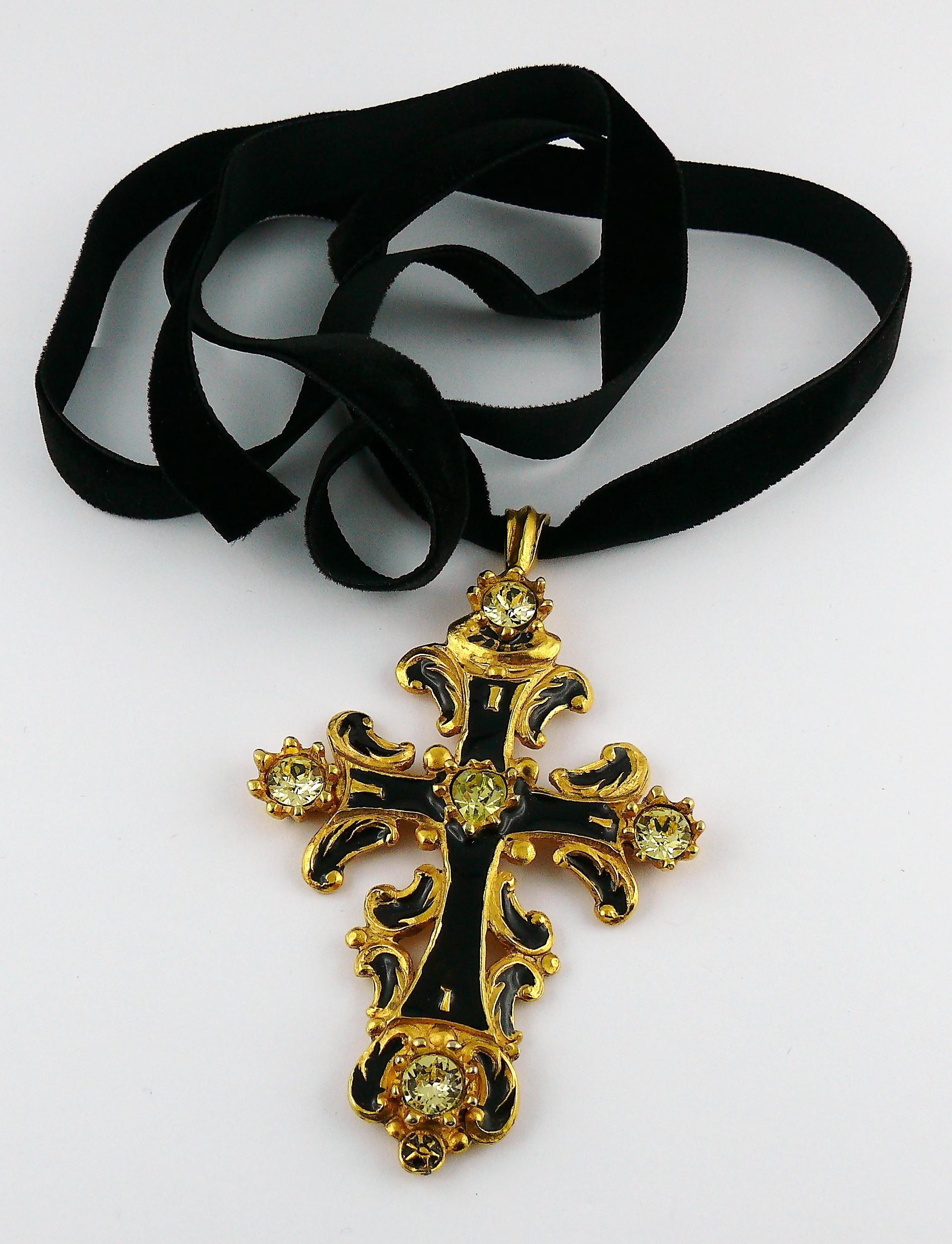 Women's Christian Lacroix Vintage Baroque Jewelled Enamel Cross Pendant Necklace