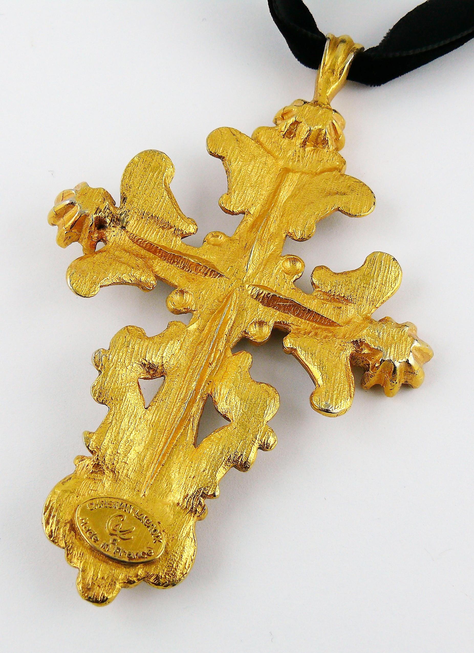 Christian Lacroix Vintage Baroque Jewelled Enamel Cross Pendant Necklace 1