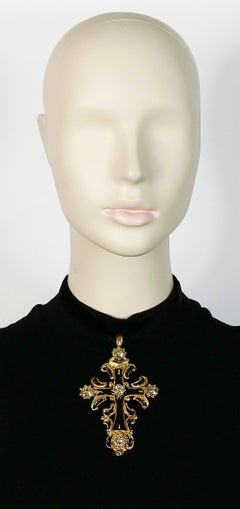 Christian Lacroix Vintage Baroque Jewelled Enamel Cross Pendant Necklace