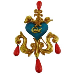 Christian Lacroix Vintage Baroque Logo Heart Blue Enamel Brooch