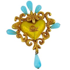 Christian Lacroix Vintage Baroque Logo Heart Yellow Enamel Brooch