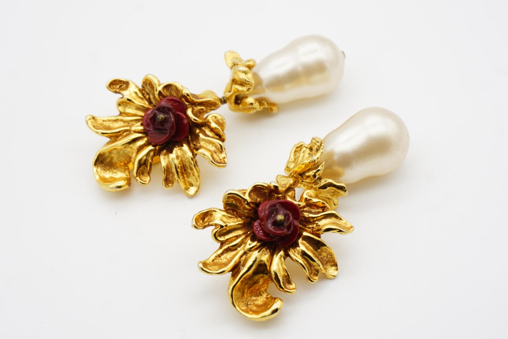 Christian Lacroix Vintage Baroque Rose Flower Pearl Water Drop Chunky Earrings For Sale 6