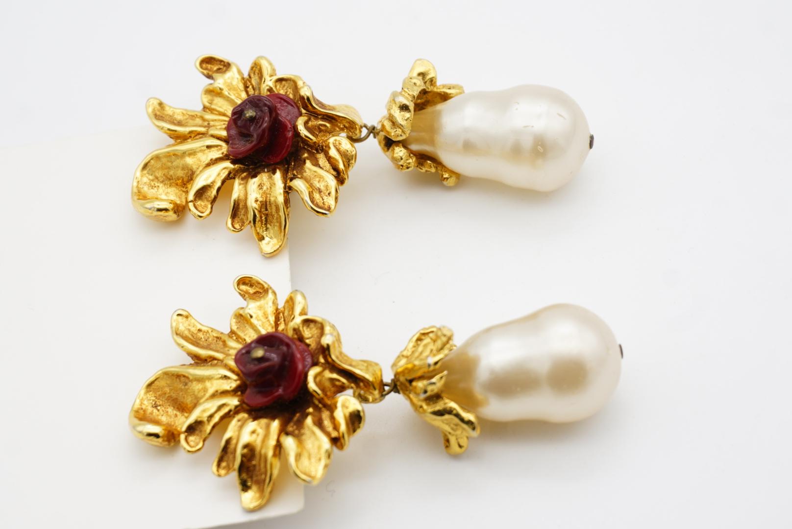 Christian Lacroix Pendientes gruesos Vintage Barroco Flor de rosa Perla Gota de agua en venta 6