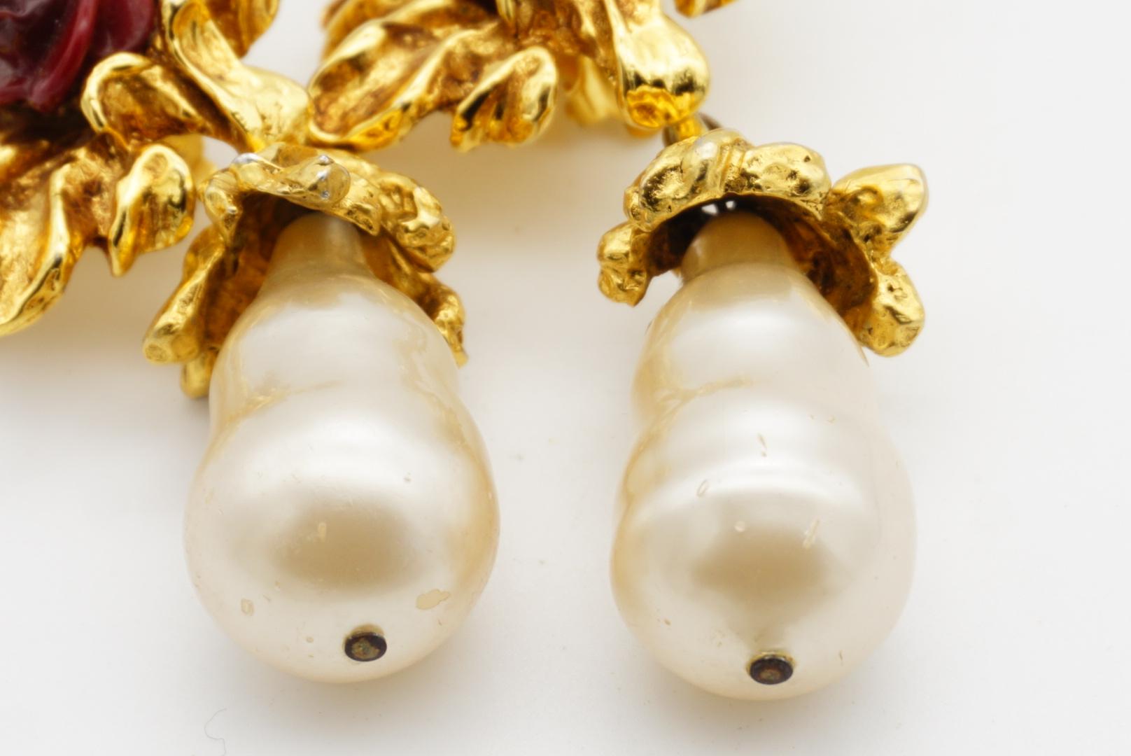 Christian Lacroix Vintage Baroque Rose Flower Pearl Water Drop Chunky Earrings For Sale 7