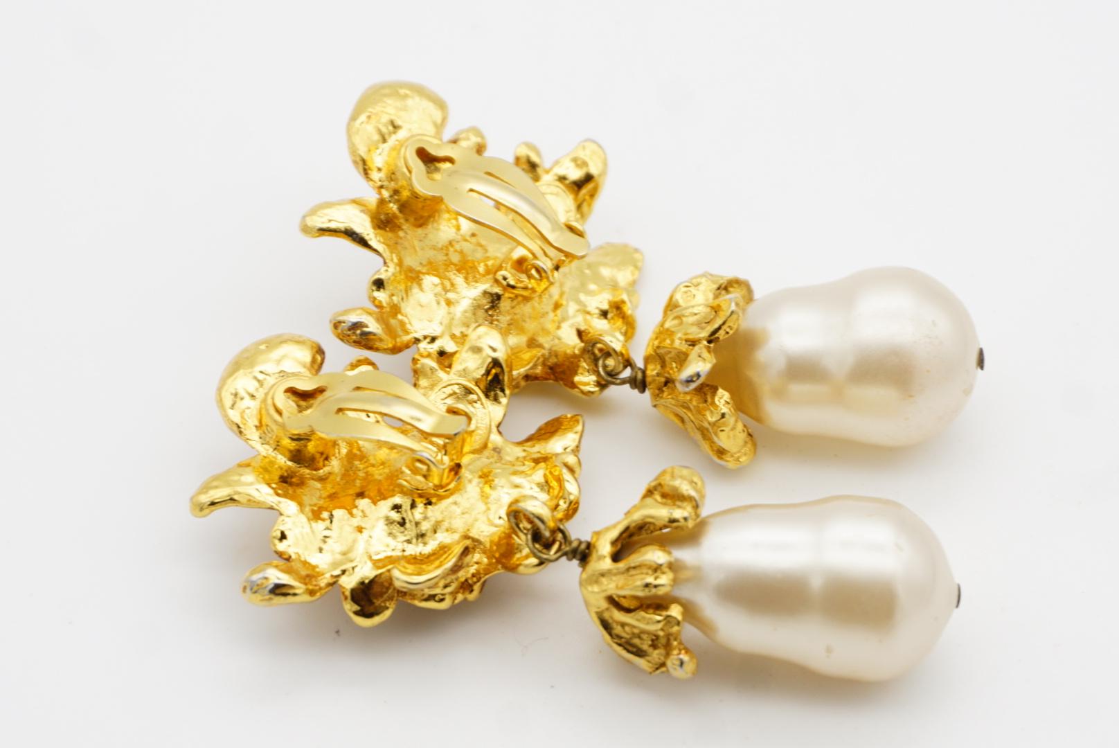 Christian Lacroix Vintage Baroque Rose Flower Pearl Water Drop Chunky Earrings For Sale 8