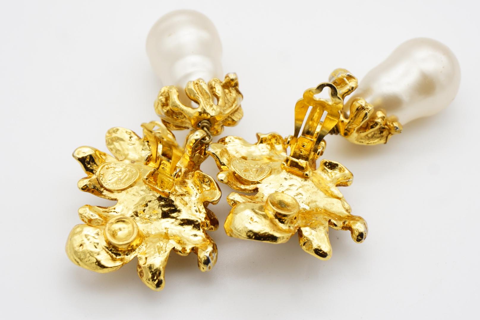 Christian Lacroix Vintage Baroque Rose Flower Pearl Water Drop Chunky Earrings For Sale 9