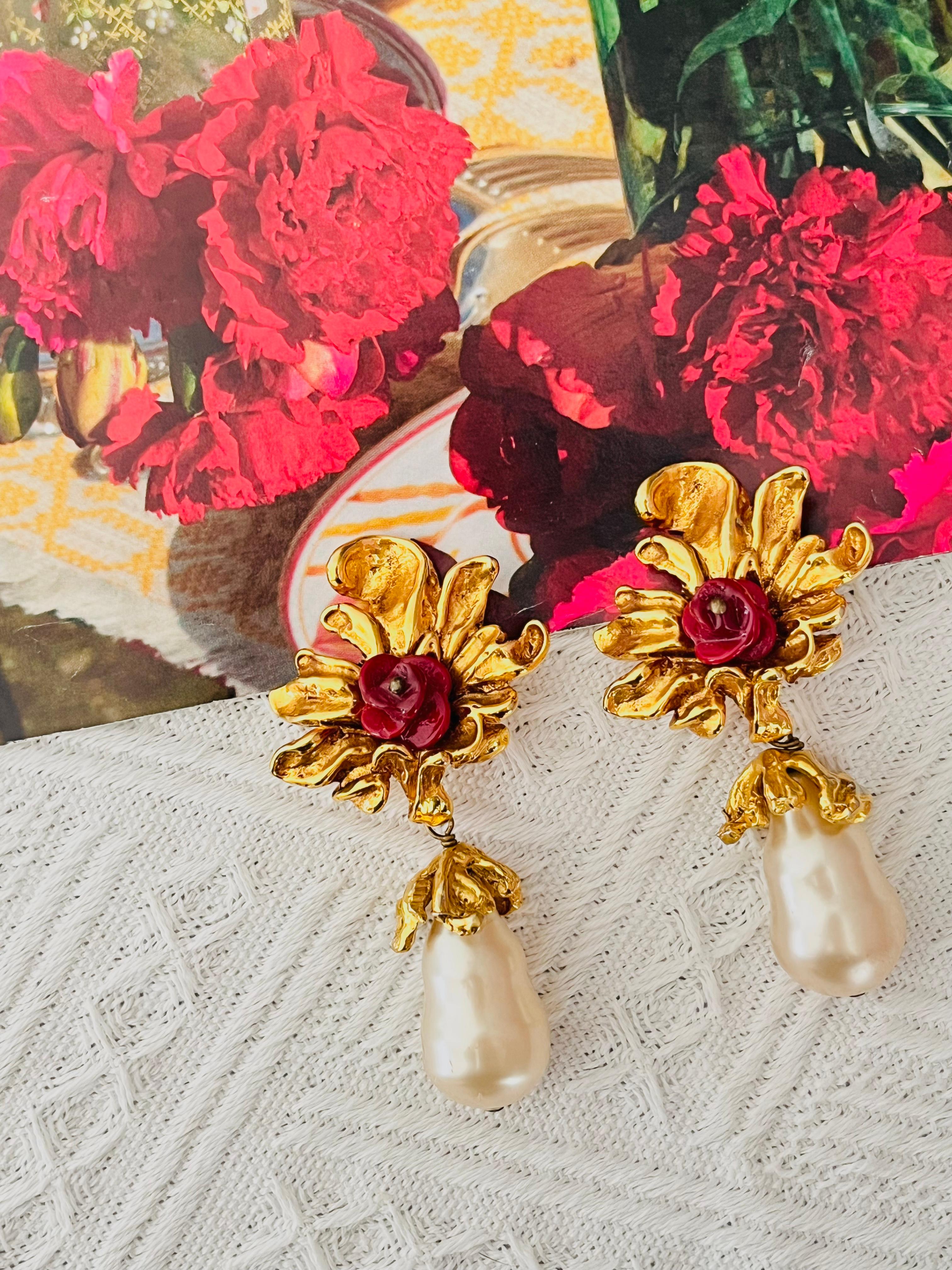 Art Deco Christian Lacroix Vintage Baroque Rose Flower Pearl Water Drop Chunky Earrings For Sale