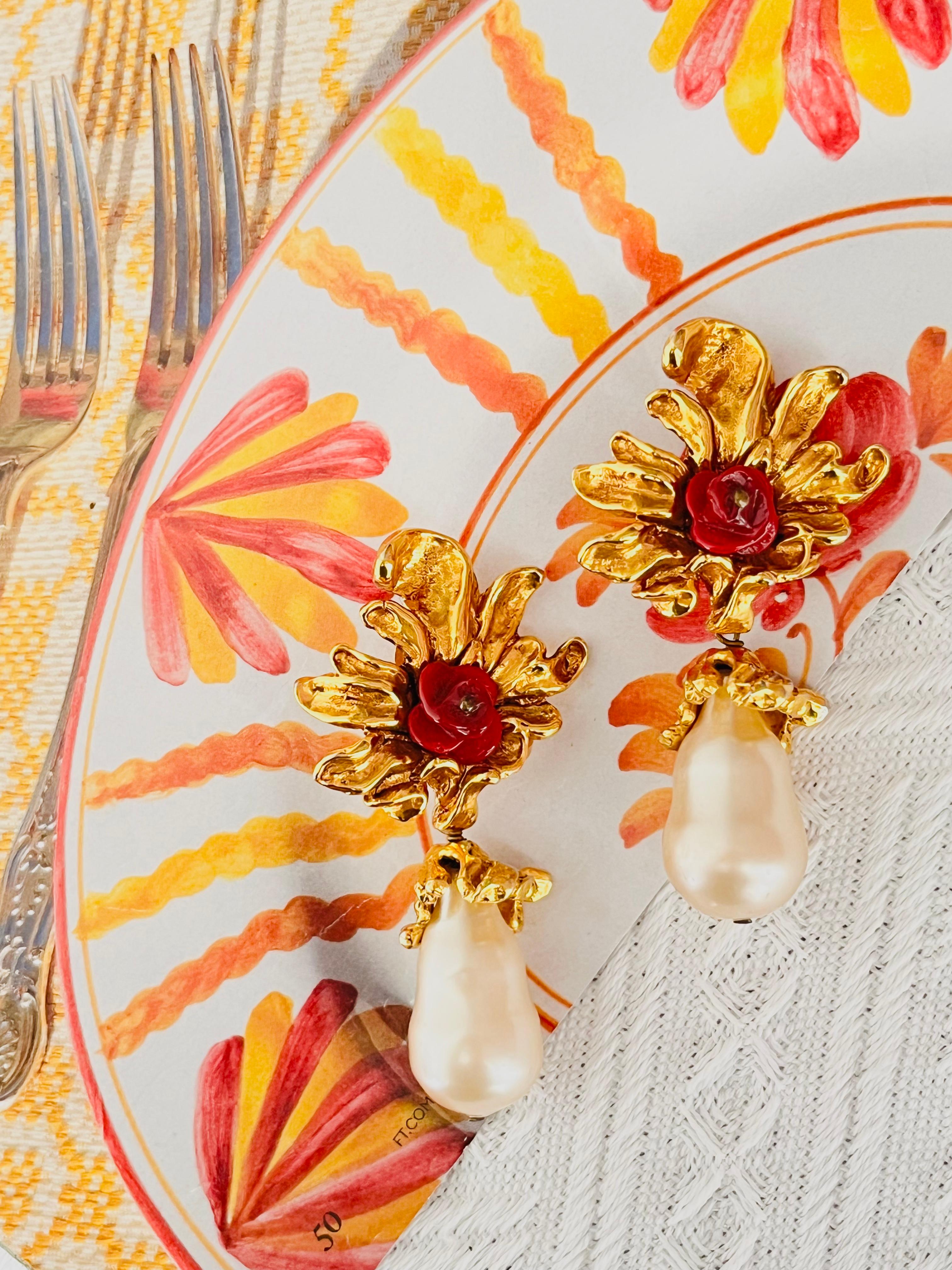 Christian Lacroix Vintage Baroque Rose Flower Pearl Water Drop Chunky Earrings In Good Condition For Sale In Wokingham, England