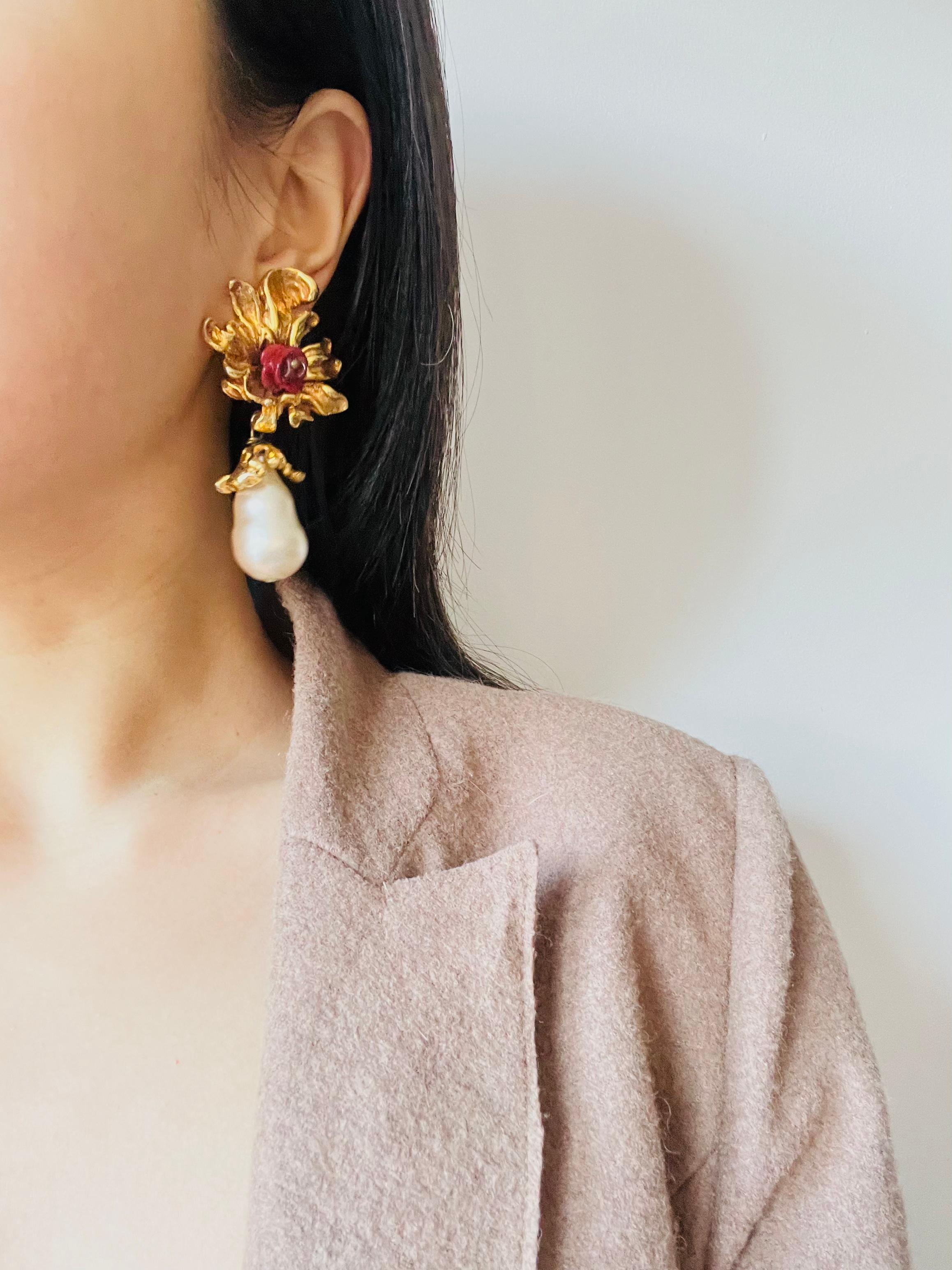 Christian Lacroix Vintage Baroque Rose Flower Pearl Water Drop Chunky Earrings For Sale 2