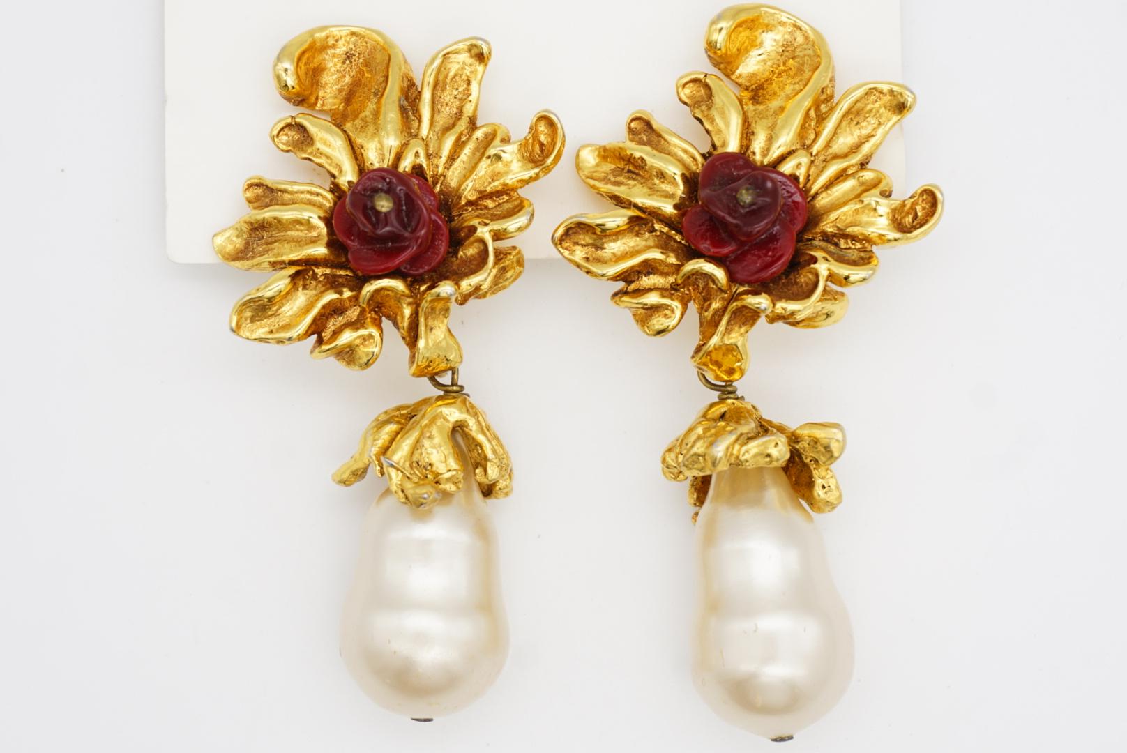 Christian Lacroix Vintage Baroque Rose Flower Pearl Water Drop Chunky Earrings For Sale 3