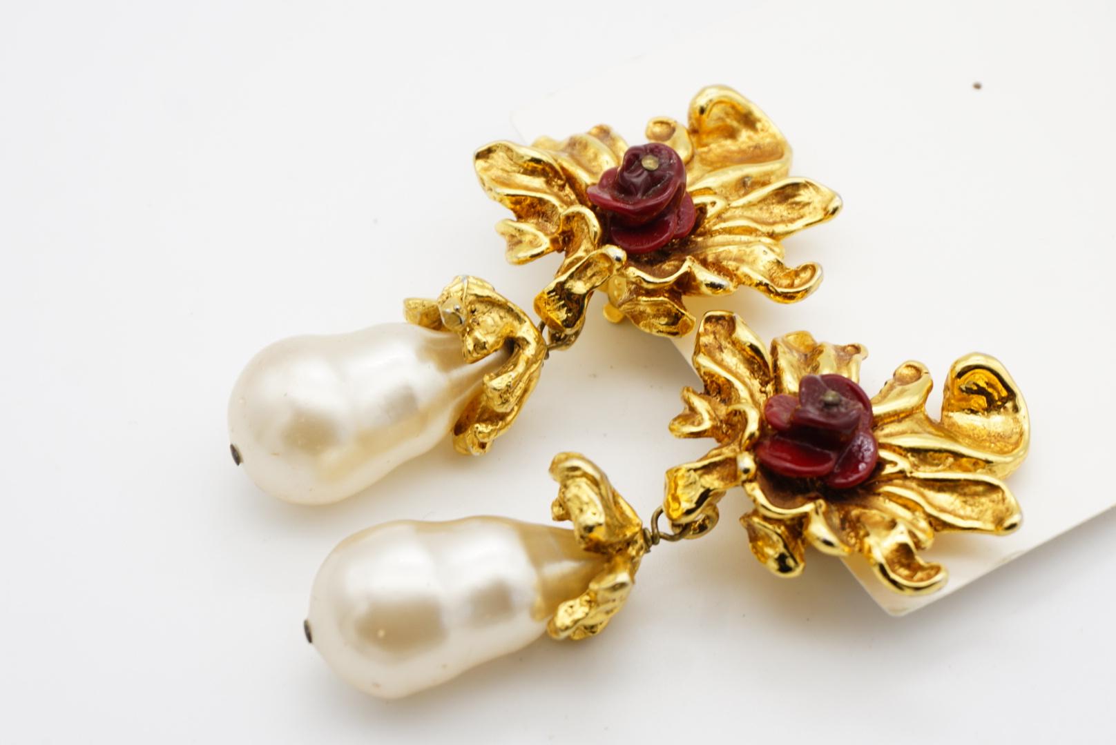 Christian Lacroix Vintage Baroque Rose Flower Pearl Water Drop Chunky Earrings For Sale 4