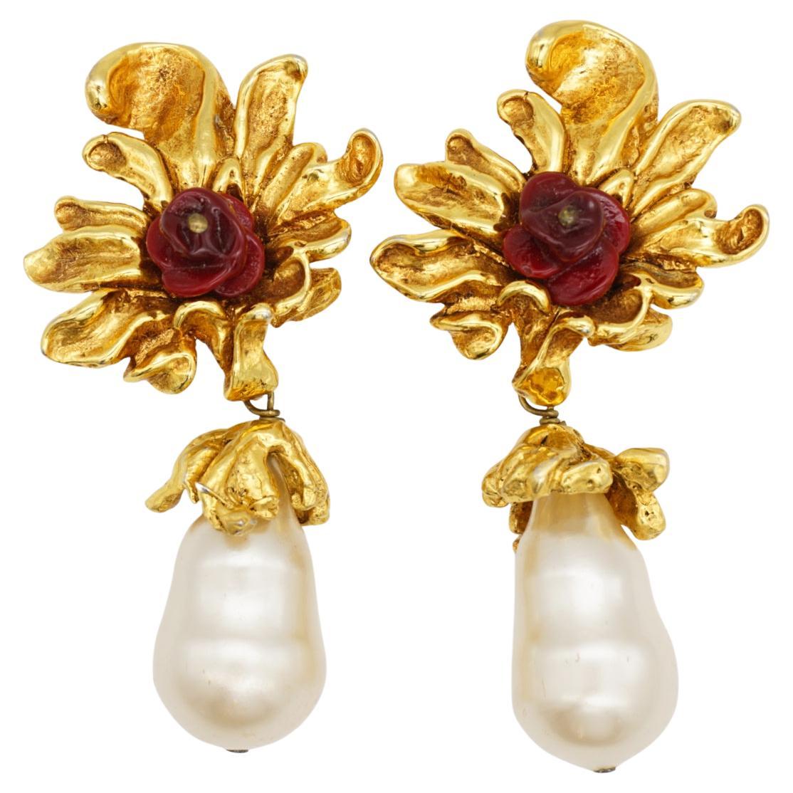 Christian Lacroix Vintage Baroque Rose Flower Pearl Water Drop Chunky Earrings For Sale