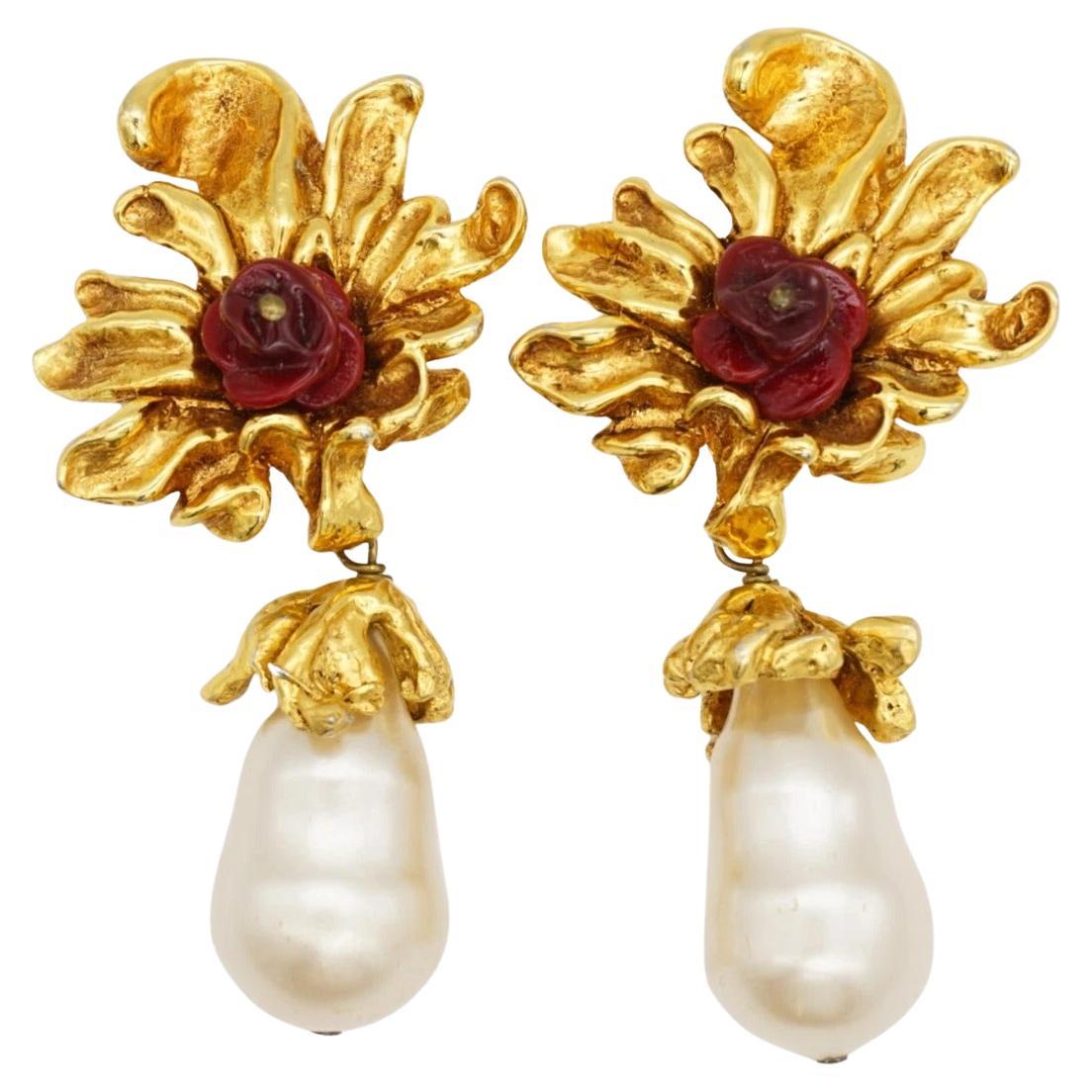 Christian Lacroix Pendientes gruesos Vintage Barroco Flor de rosa Perla Gota de agua en venta