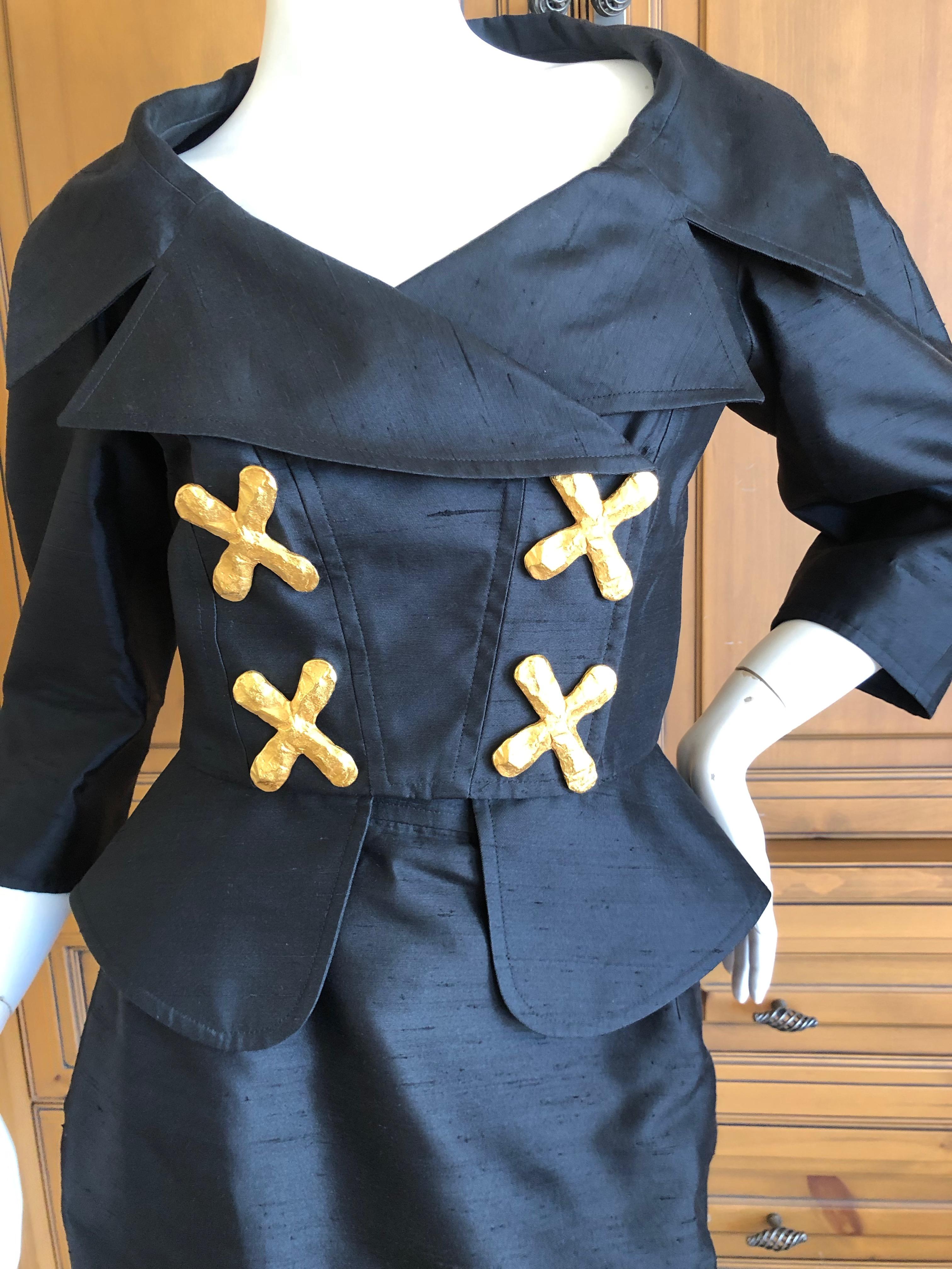 Christian Lacroix Vintage Black Dupioni Silk Suit with Bold Gold Faucet Buttons.
 Size 38 
 Bust 36