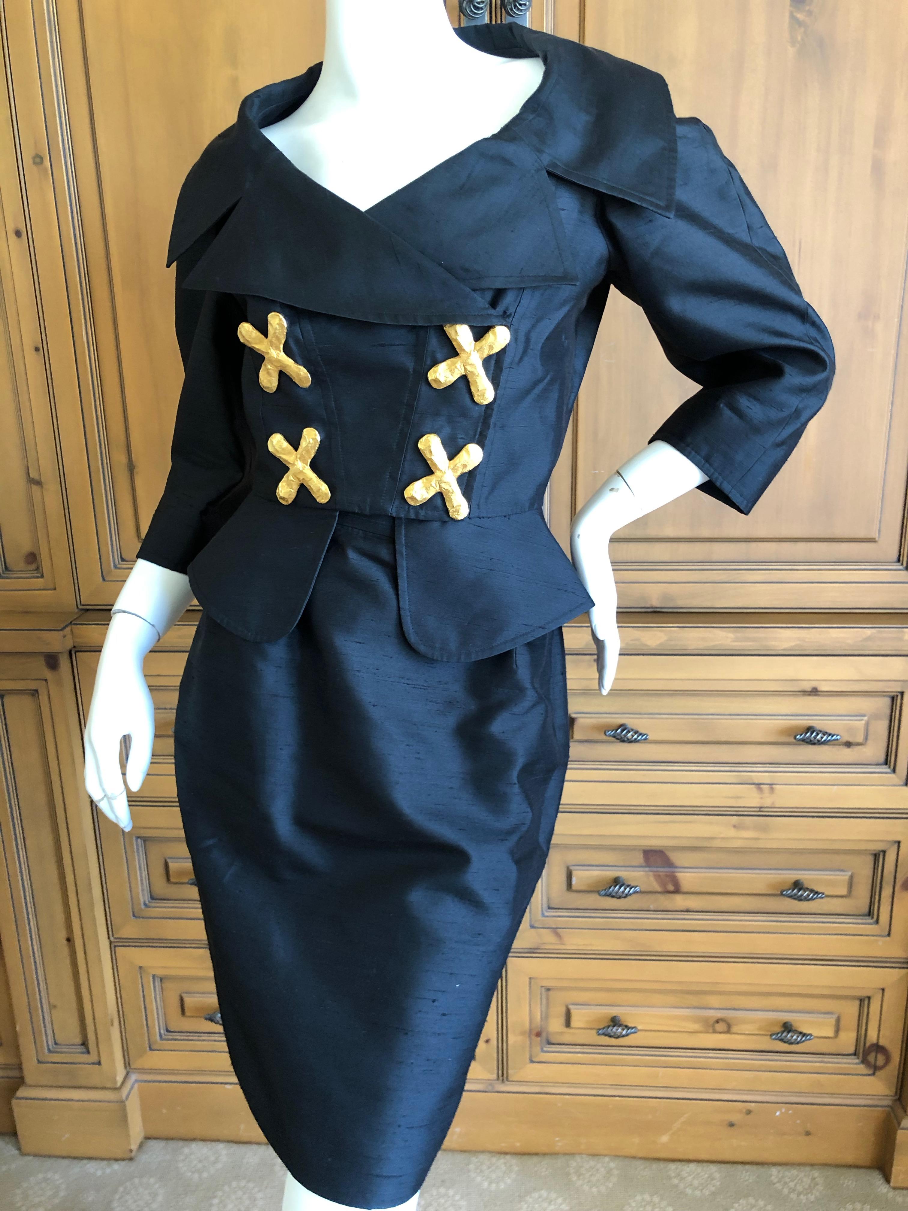 Women's Christian Lacroix Vintage Black Dupioni Silk Suit with Bold Gold Faucet Buttons For Sale