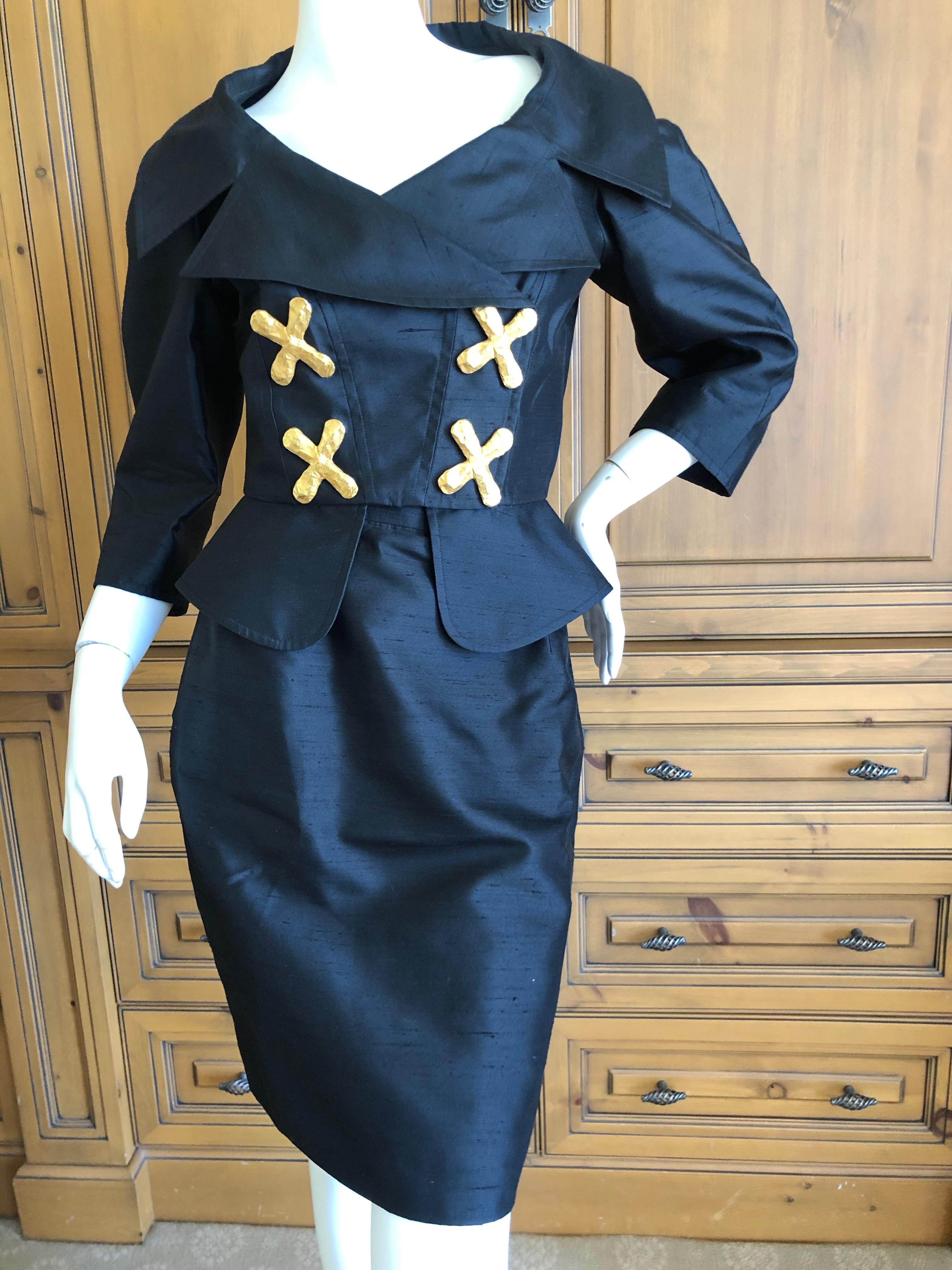 Christian Lacroix Vintage Black Dupioni Silk Suit with Bold Gold Faucet Buttons For Sale 2