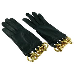 Christian Lacroix Vintage Black Leather and Gold Chain Bracelet-Like Gloves