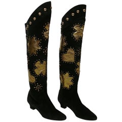 Christian Lacroix Vintage Black Suede and Gold Details Over-The-Knee Boots