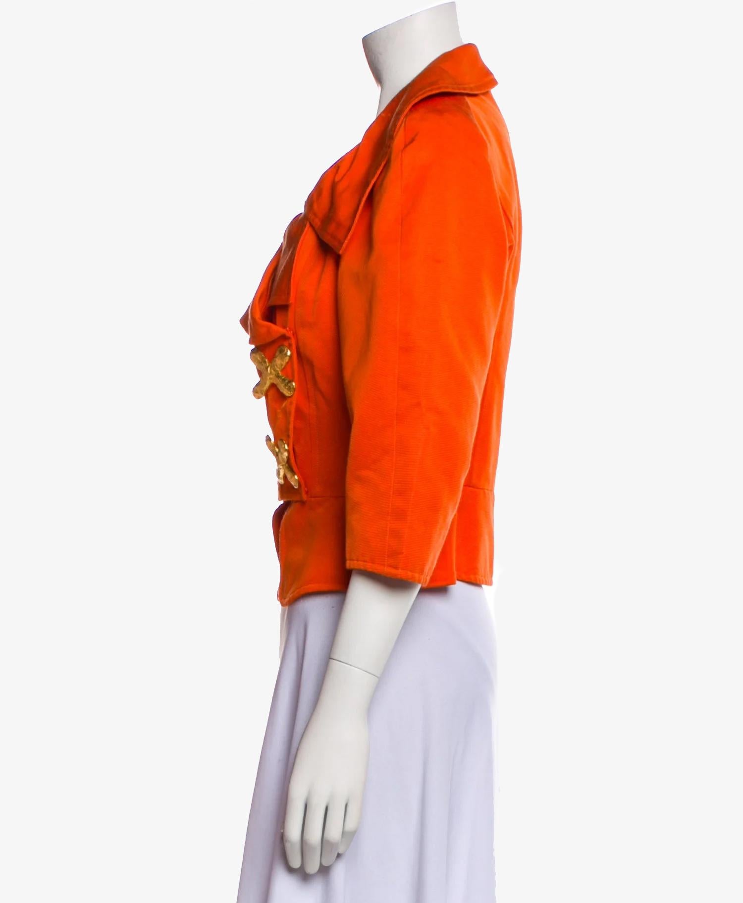 Vintage Christian Lacroix orange blazer with accent metal buttons

From the 1990’s Collection

Pointed Collar

Slit Pockets & Button Closure

Size  – not listed, estimated from measurements

Bust: 88 cm
Waist: 72 cm 
Shoulder: 47 cm 
Length: 53 cm
