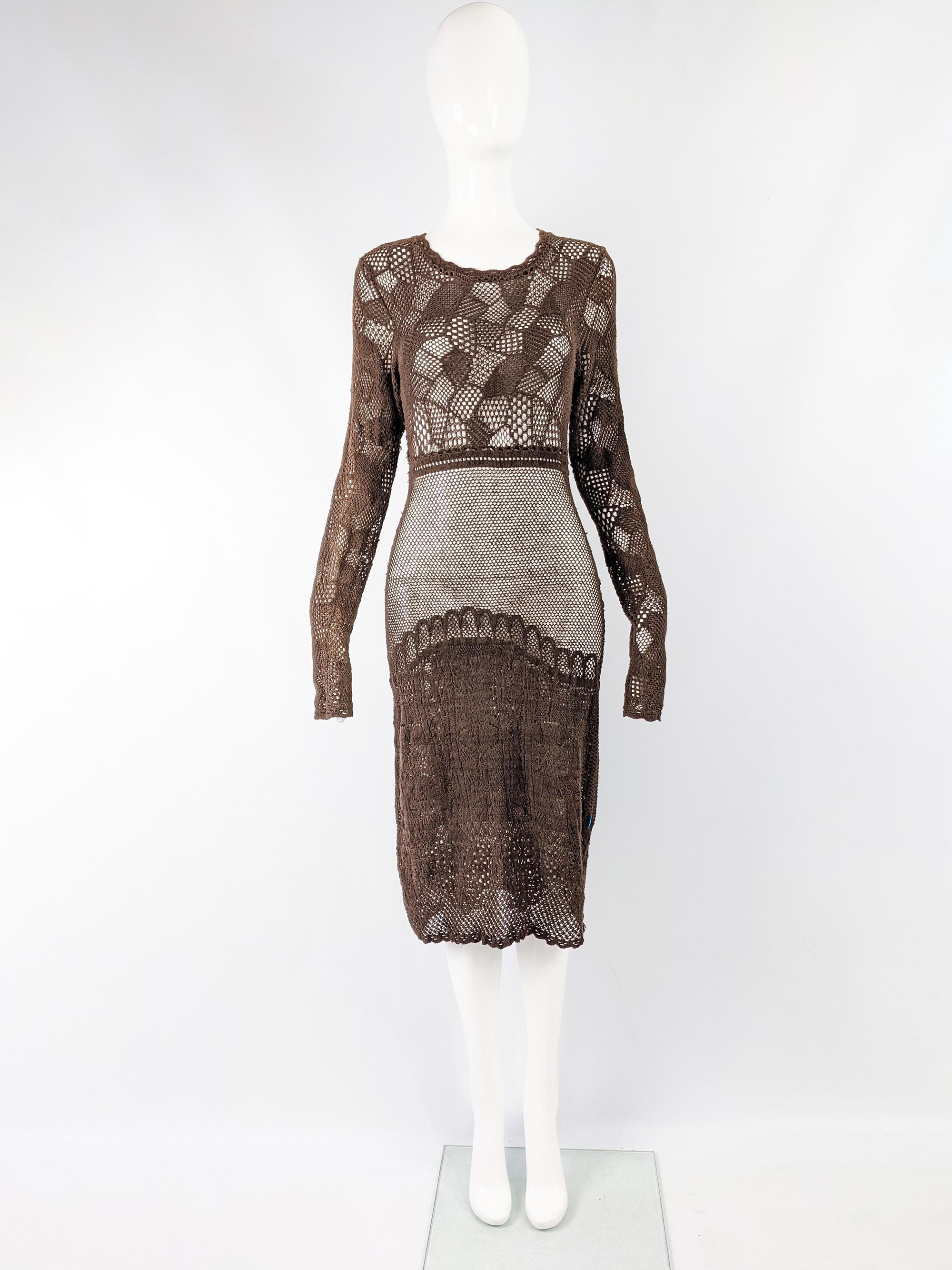 A beautiful vintage womens long sleeve dress from the 90s by luxury French fashion designer, Christian Lacroix. In a brown open knit crochet fabric which gives a beautiful sheer look - perfect for the summer. 

Size: Marked S
Bust - 34” / 86cm
Waist