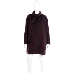 Christian Lacroix Vintage Brown Wool Coat With Red Topstitching and Neck Bow Tie
