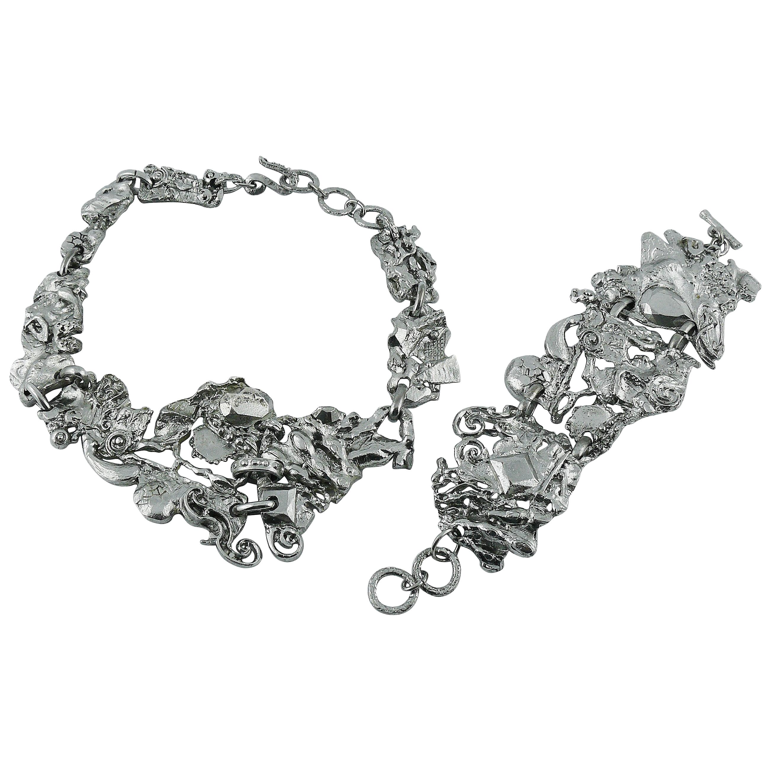 Christian Lacroix Vintage Brutalist Silver Toned Necklace and Bracelet Set 