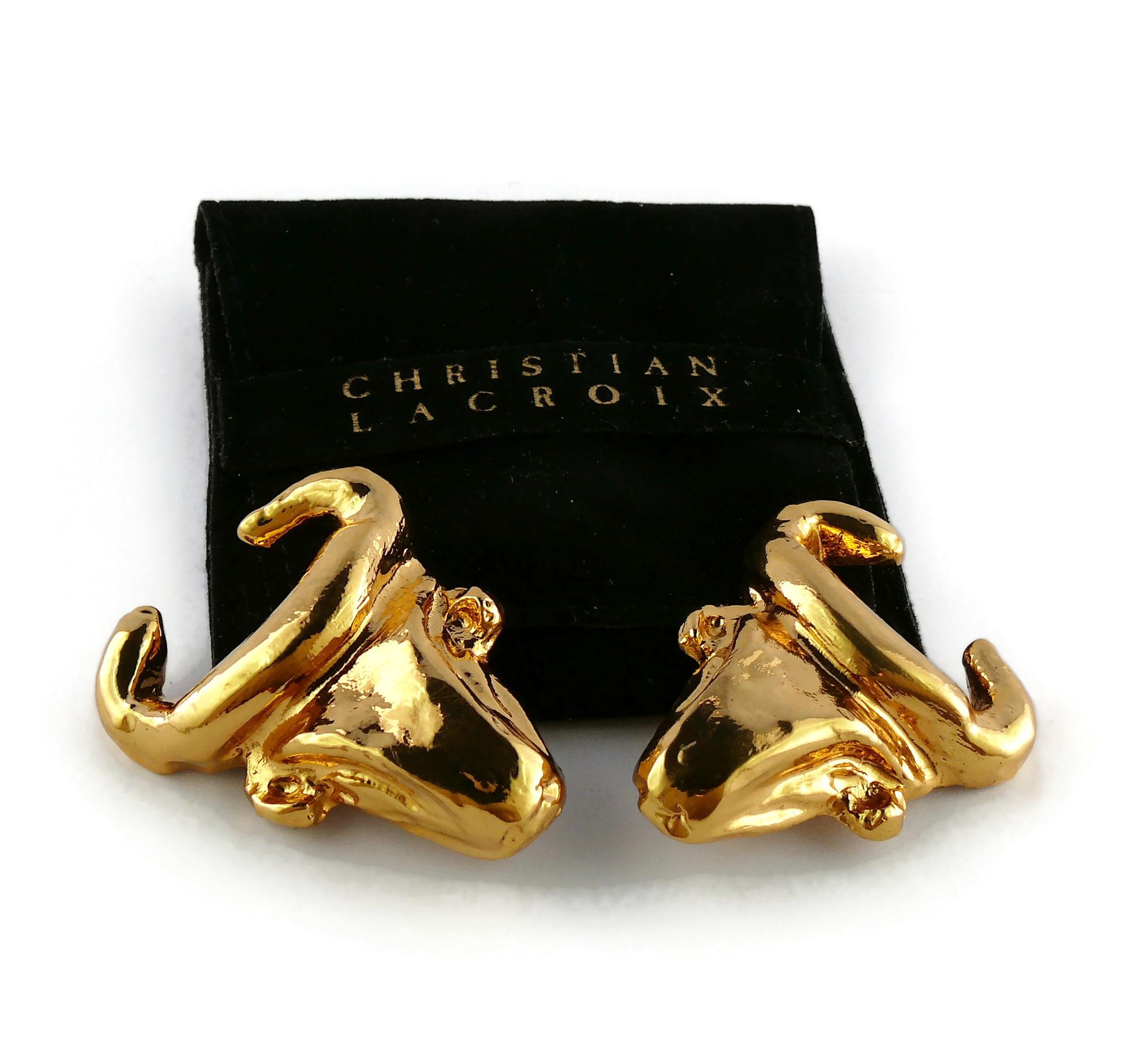Christian Lacroix Vintage Gold Toned Bull Head Clip-On Earrings For Sale 1