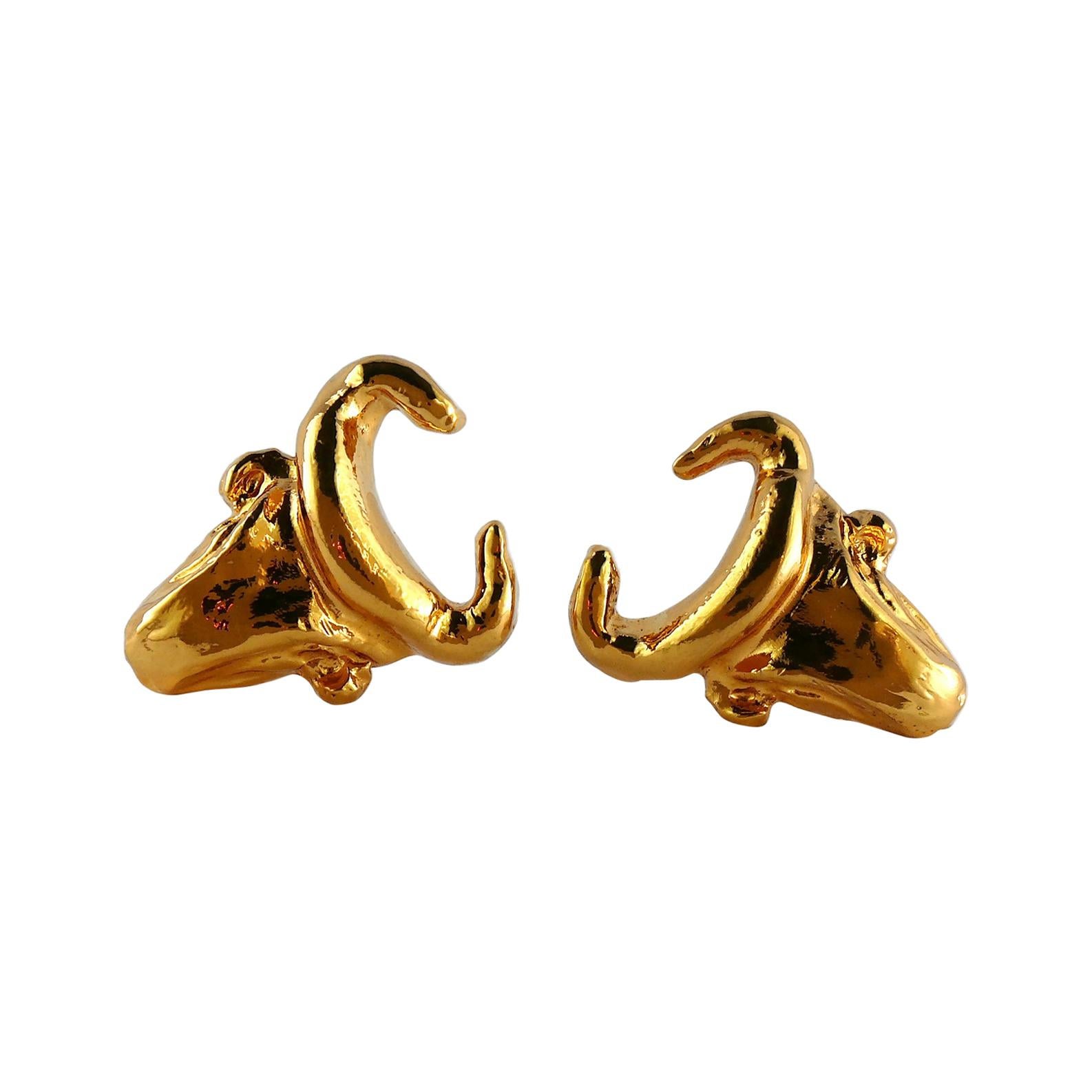 Christian Lacroix Vintage Gold Toned Bull Head Clip-On Earrings For Sale