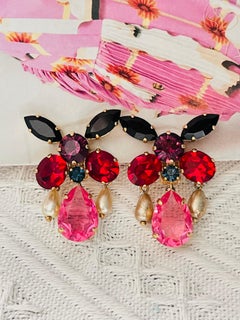 Christian Lacroix Vintage Butterfly Ruby Pink Crystals Pearls Dangle Earrings