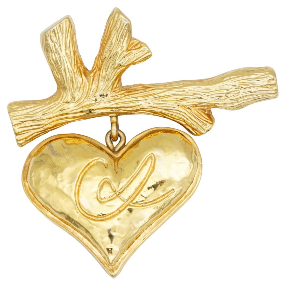 Christian Lacroix Vintage Classic Cross Logo Heart Love Drop Branch Gold Brooch
