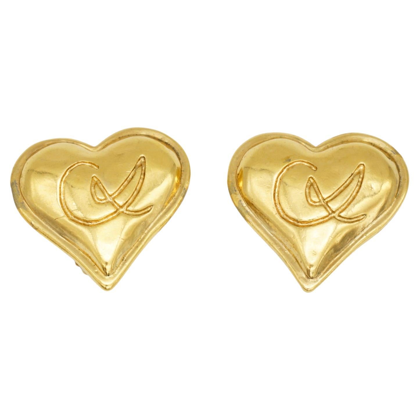 Christian Lacroix Vintage Classic Cross Logo Monogram Heart Love Clip Earrings en venta