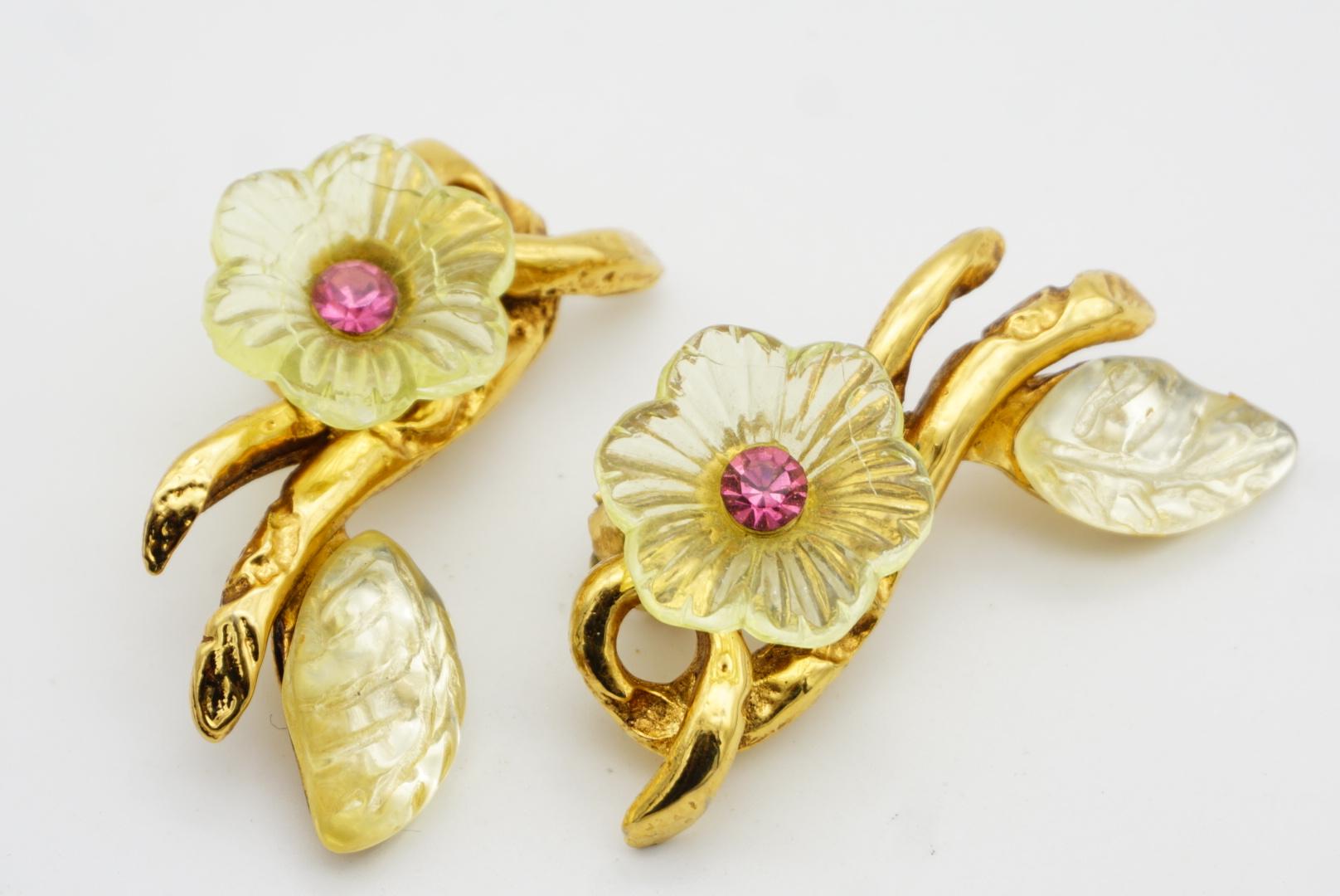 Christian Lacroix Vintage Clear Yellow Pink Flower Leaf Curled Chunky Earrings For Sale 5