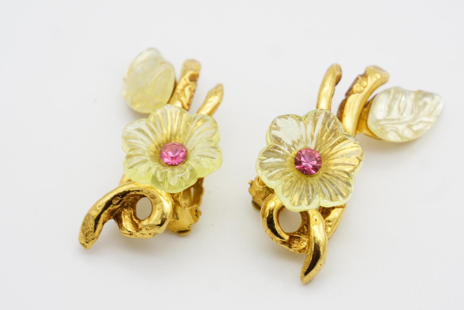 Christian Lacroix Vintage Clear Yellow Pink Flower Leaf Curled Chunky Earrings For Sale 6
