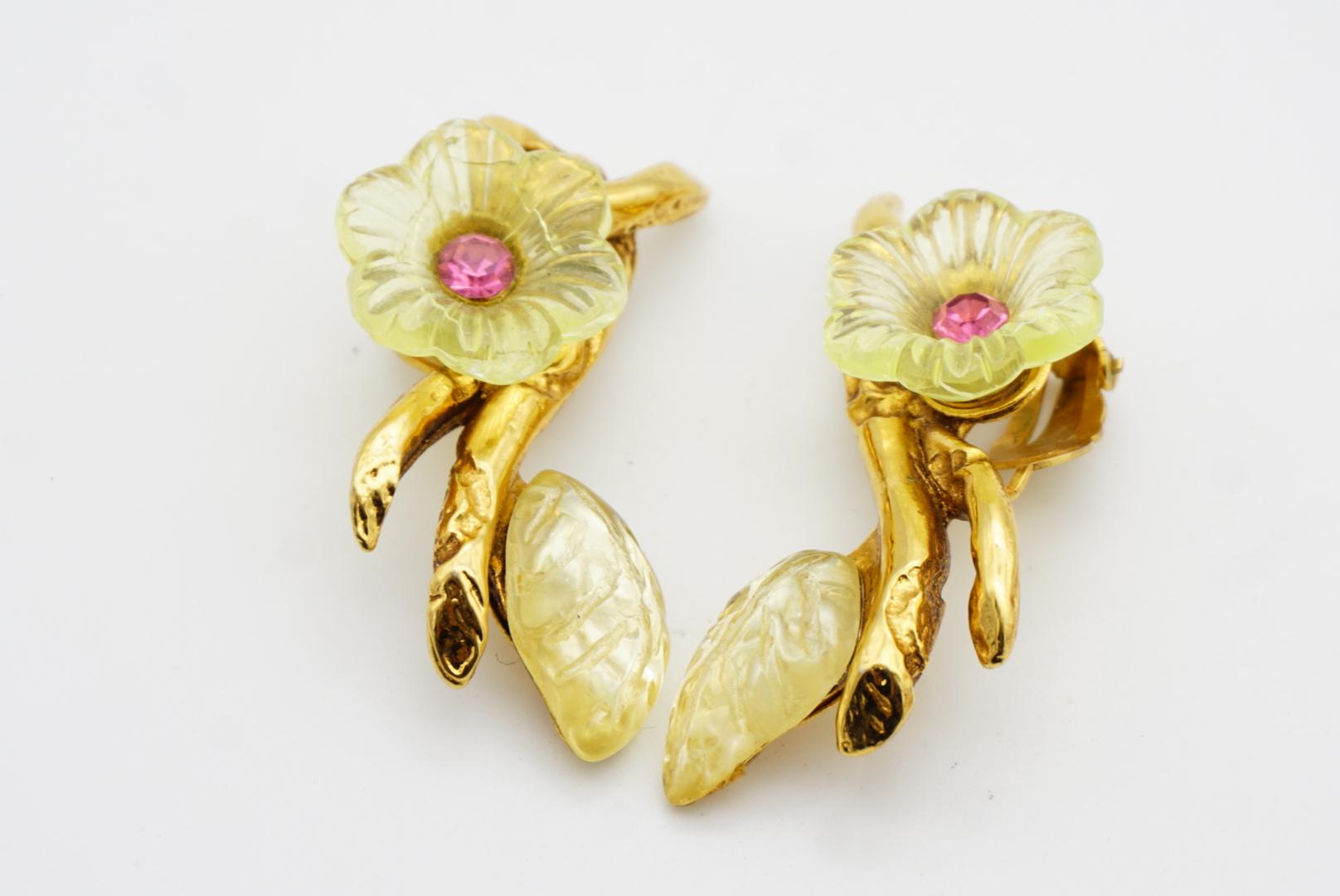 Christian Lacroix Vintage Clear Yellow Pink Flower Leaf Curled Chunky Earrings For Sale 7