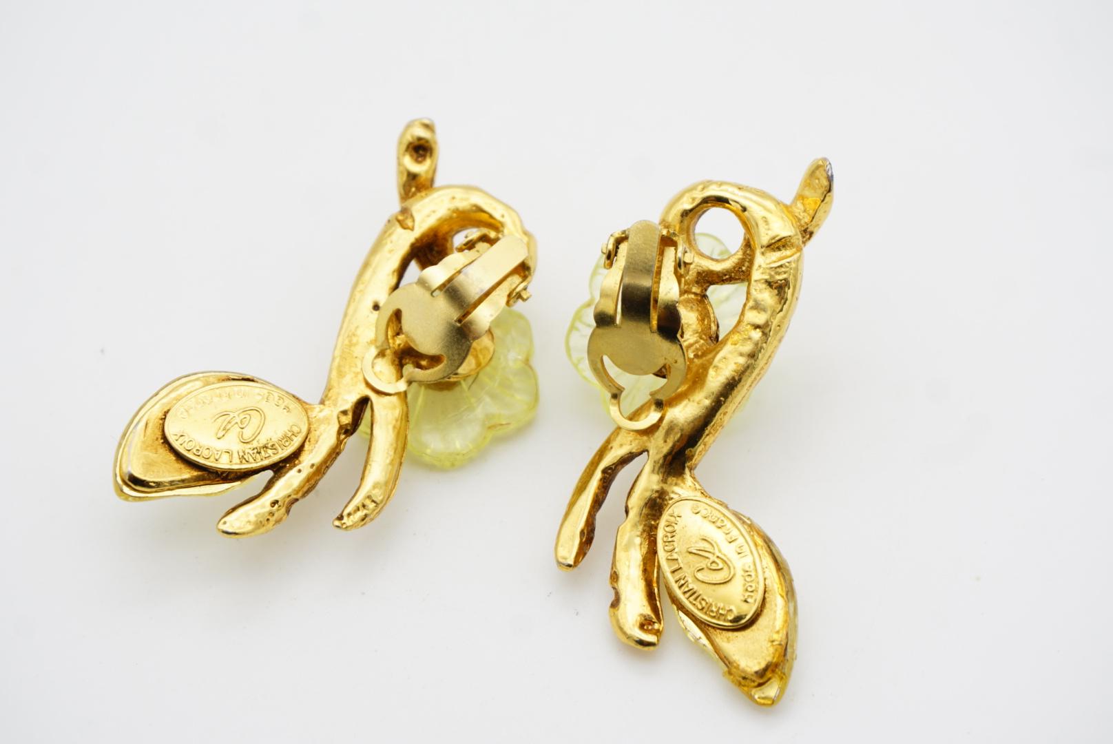 Christian Lacroix Vintage Clear Yellow Pink Flower Leaf Curled Chunky Earrings For Sale 8