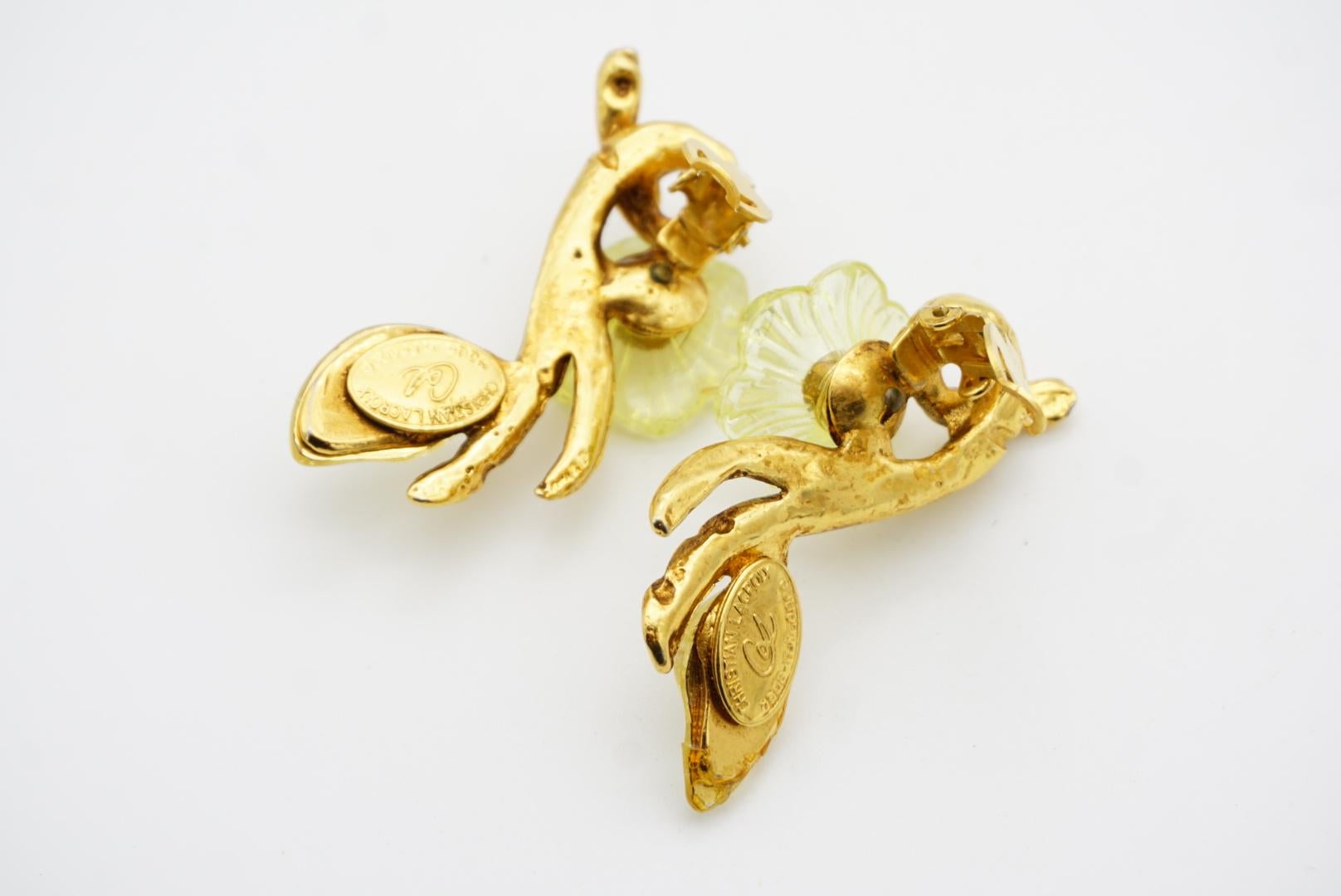 Christian Lacroix Vintage Clear Yellow Pink Flower Leaf Curled Chunky Earrings For Sale 9