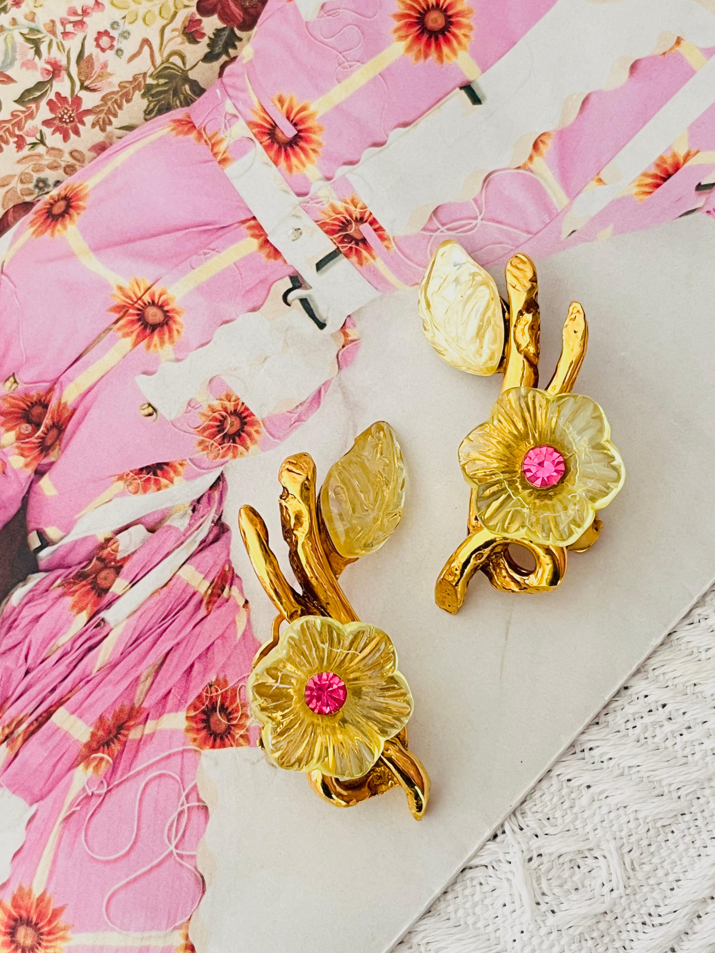 Art Deco Christian Lacroix Vintage Clear Yellow Pink Flower Leaf Curled Chunky Earrings For Sale