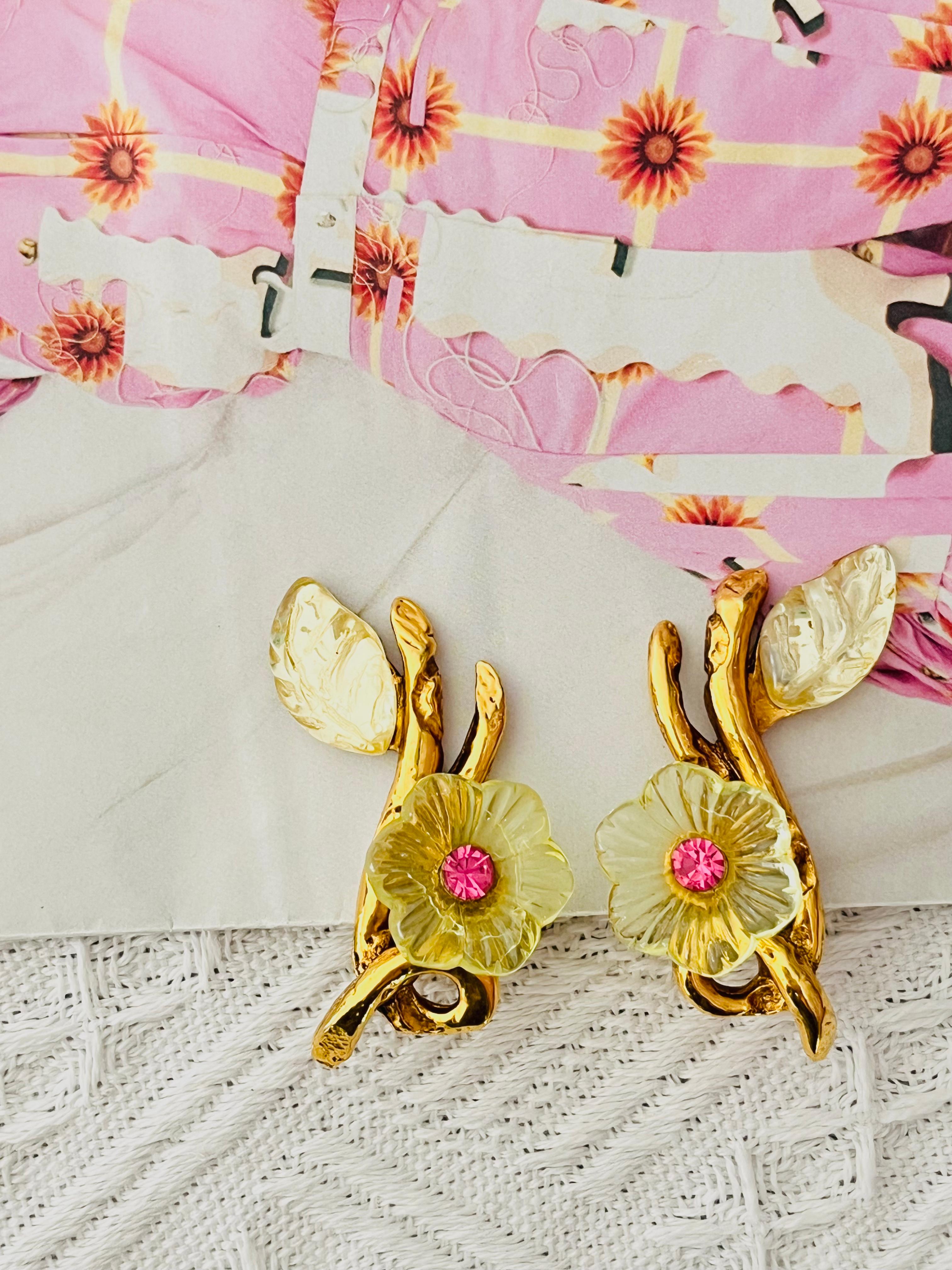 Christian Lacroix Vintage Clear Yellow Pink Flower Leaf Curled Chunky Earrings In Good Condition For Sale In Wokingham, England