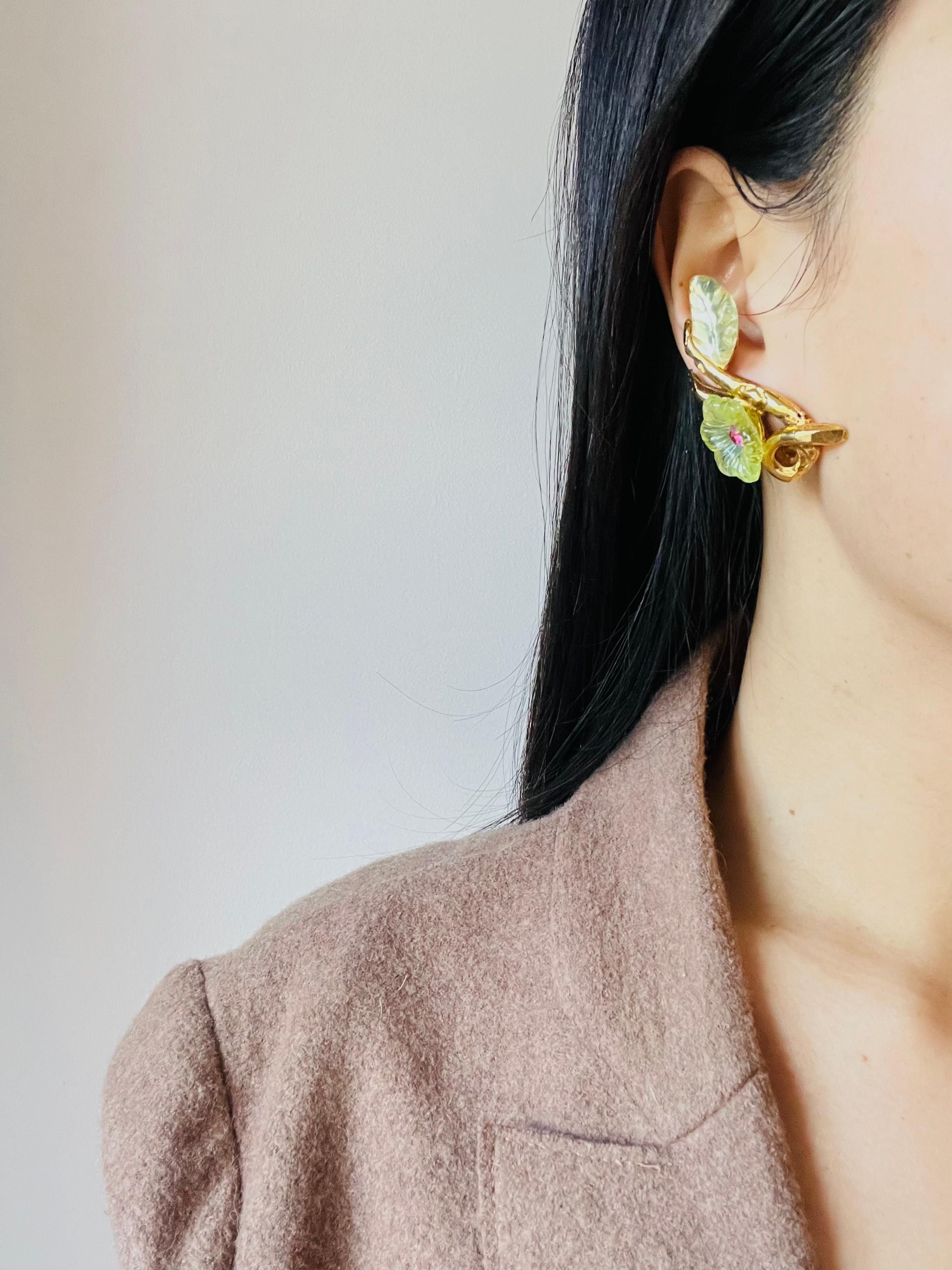 Christian Lacroix Vintage Clear Yellow Pink Flower Leaf Curled Chunky Earrings For Sale 1