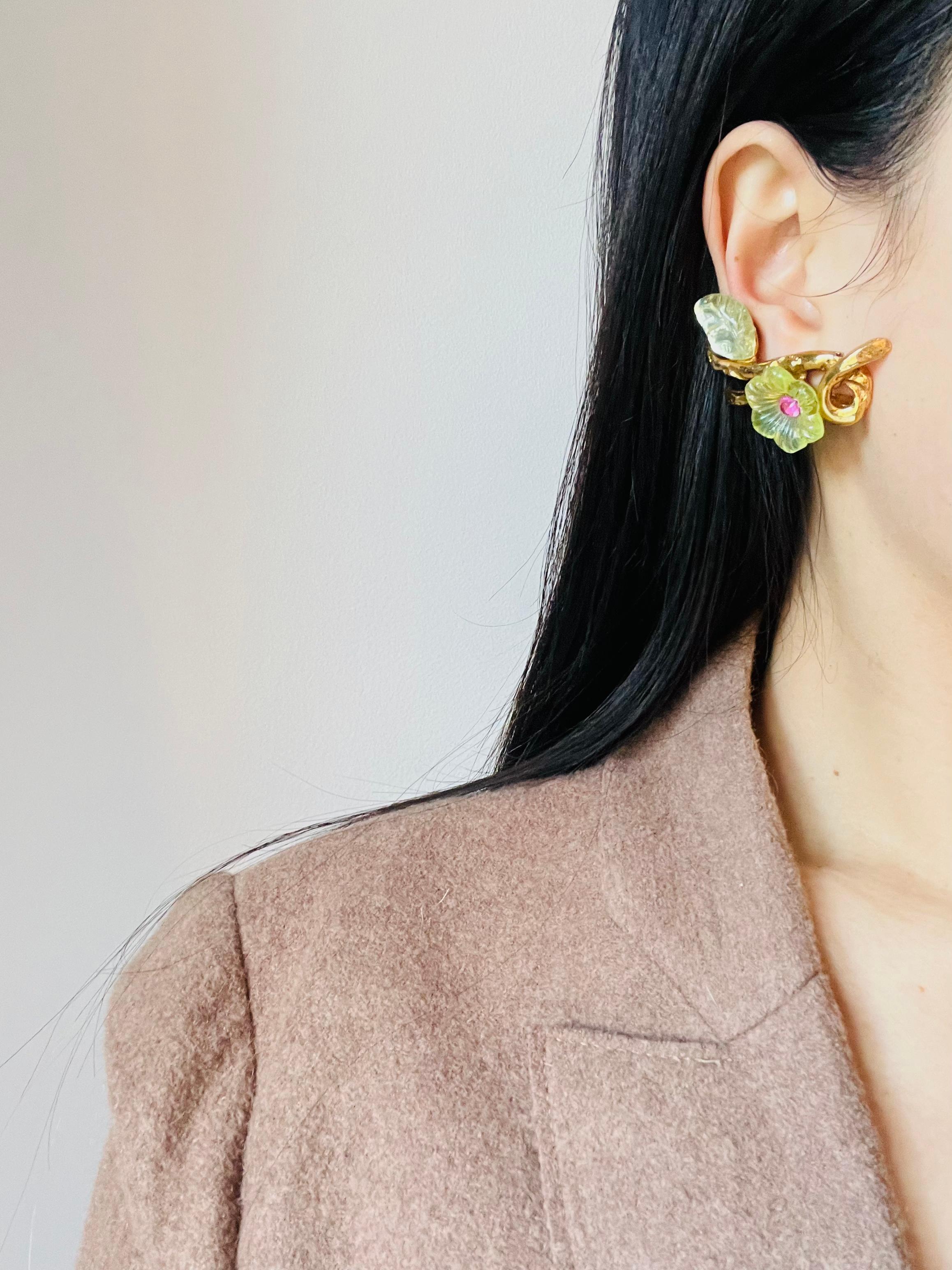Christian Lacroix Vintage Clear Yellow Pink Flower Leaf Curled Chunky Earrings For Sale 3