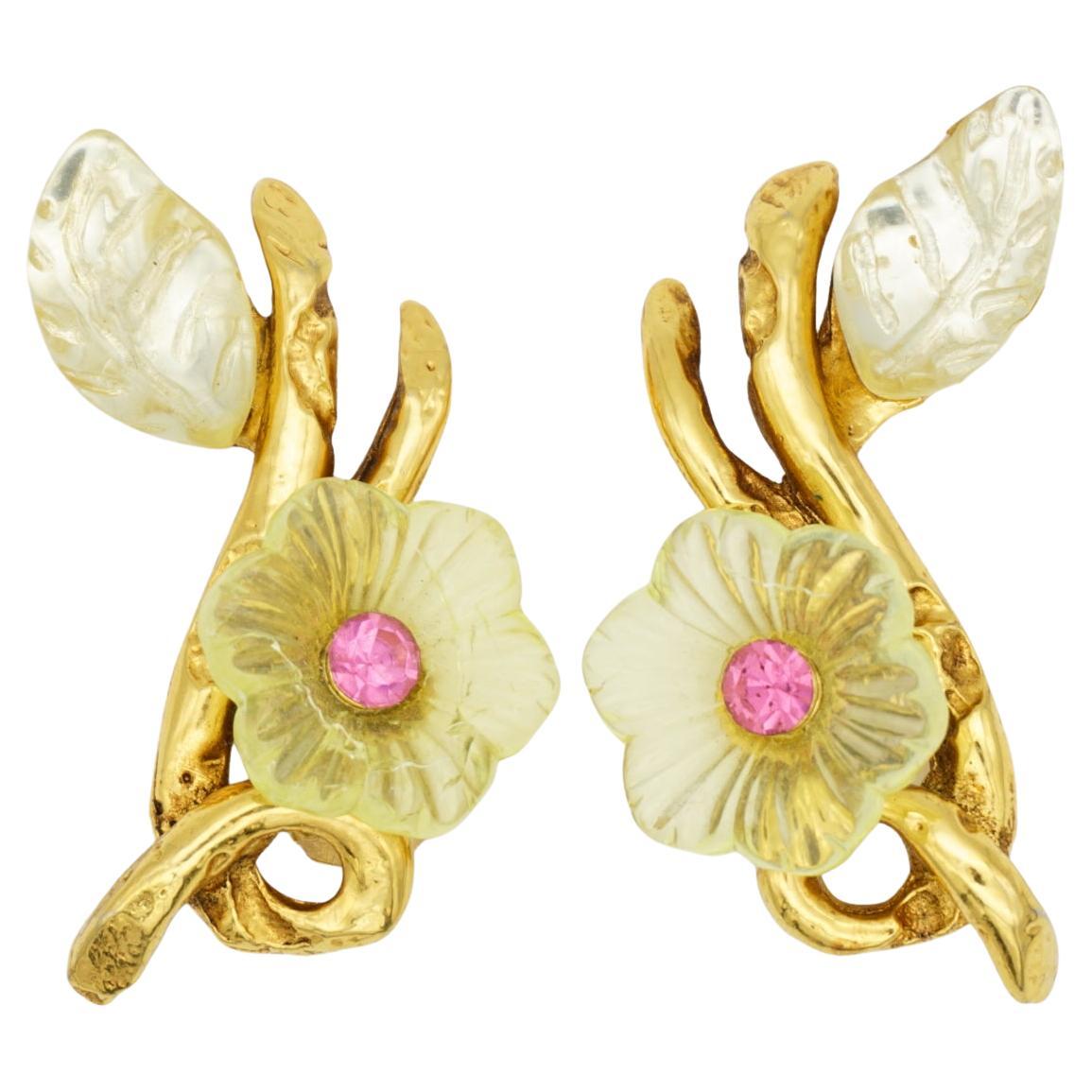 Christian Lacroix Vintage Clear Yellow Pink Flower Leaf Curled Chunky Earrings For Sale