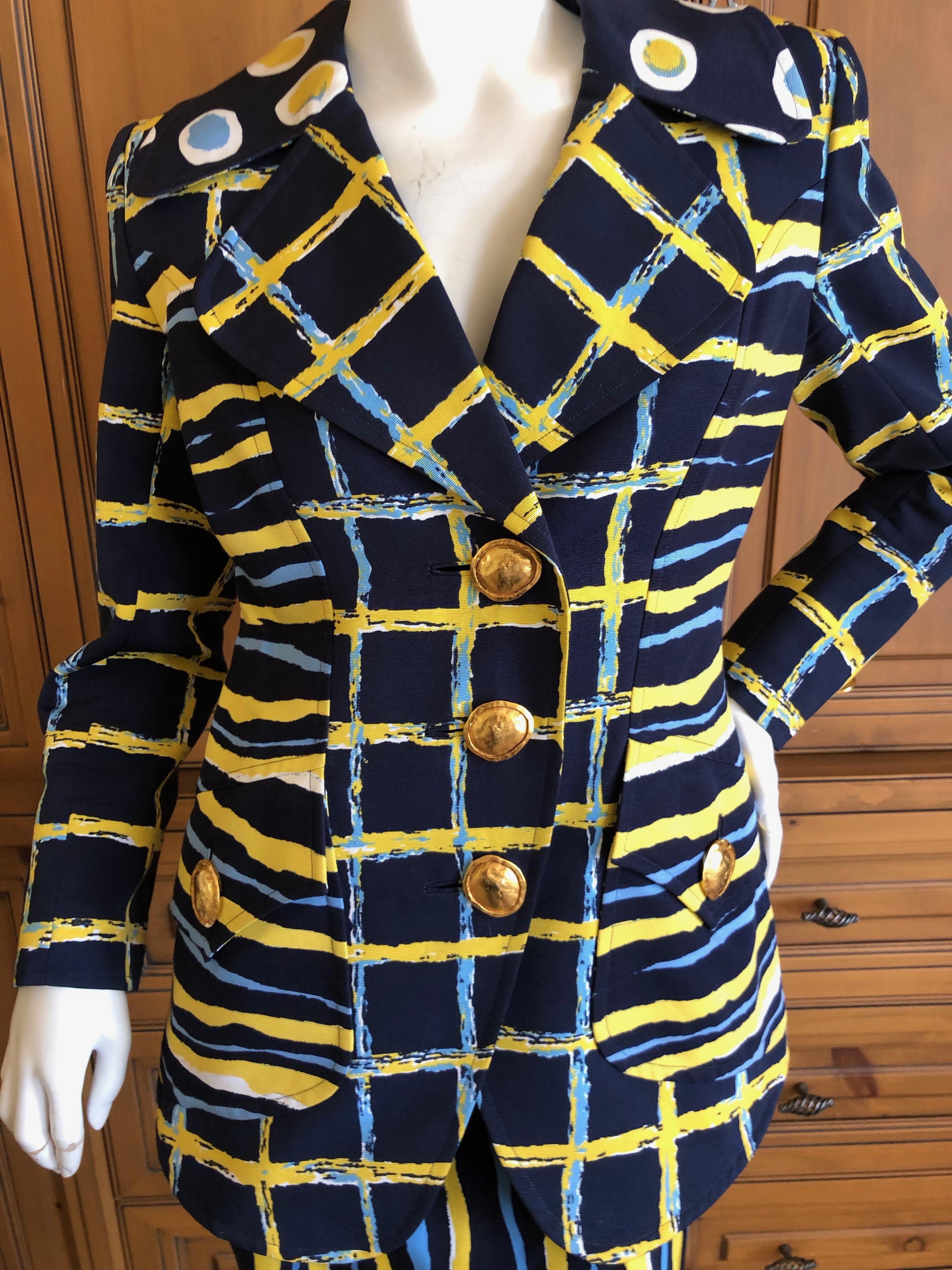 Black Christian Lacroix Vintage Colorful Pattern Skirt Suit with Bold Gold Buttons For Sale