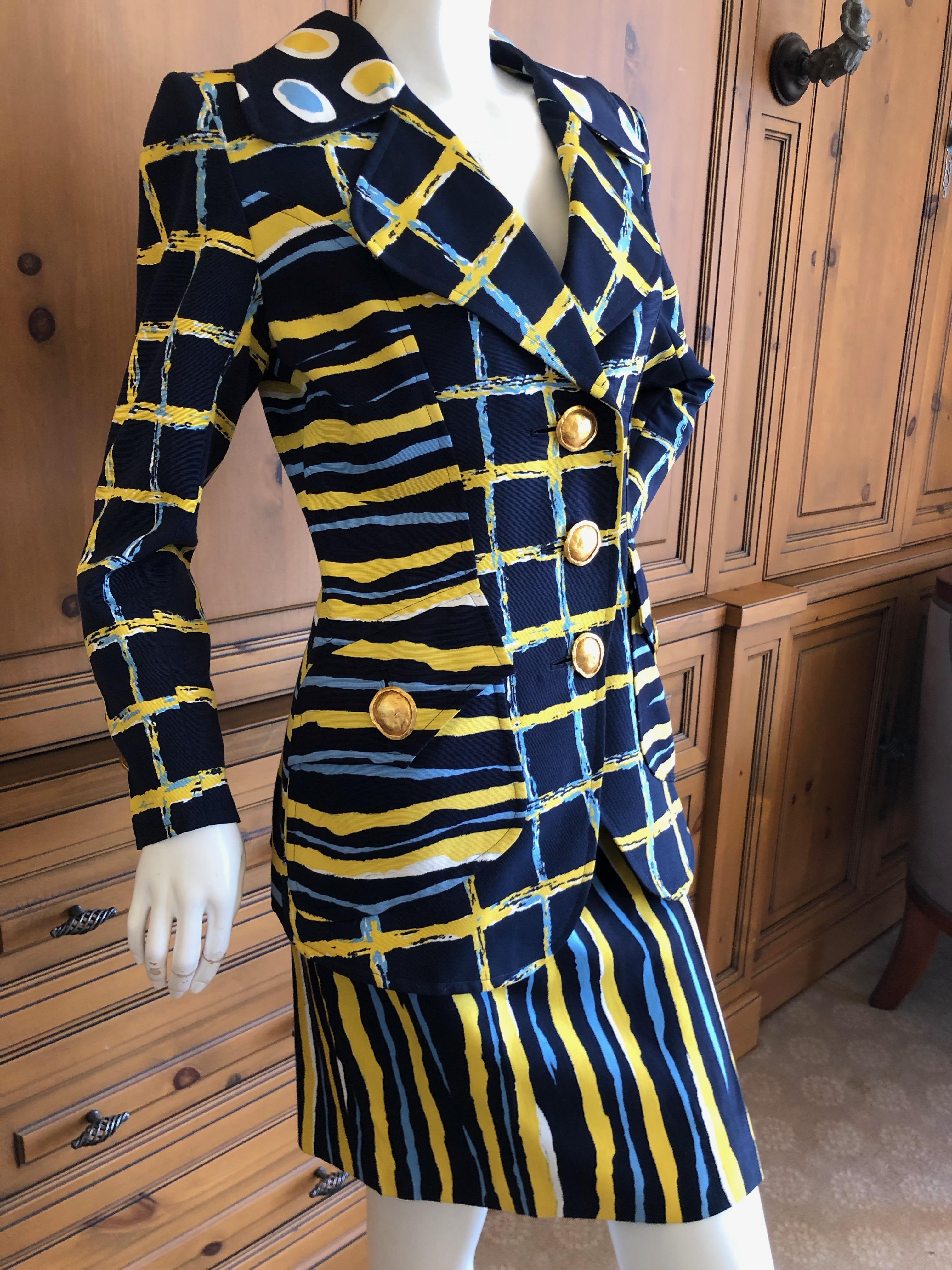 Christian Lacroix Vintage Colorful Pattern Skirt Suit with Bold Gold Buttons In Excellent Condition For Sale In Cloverdale, CA