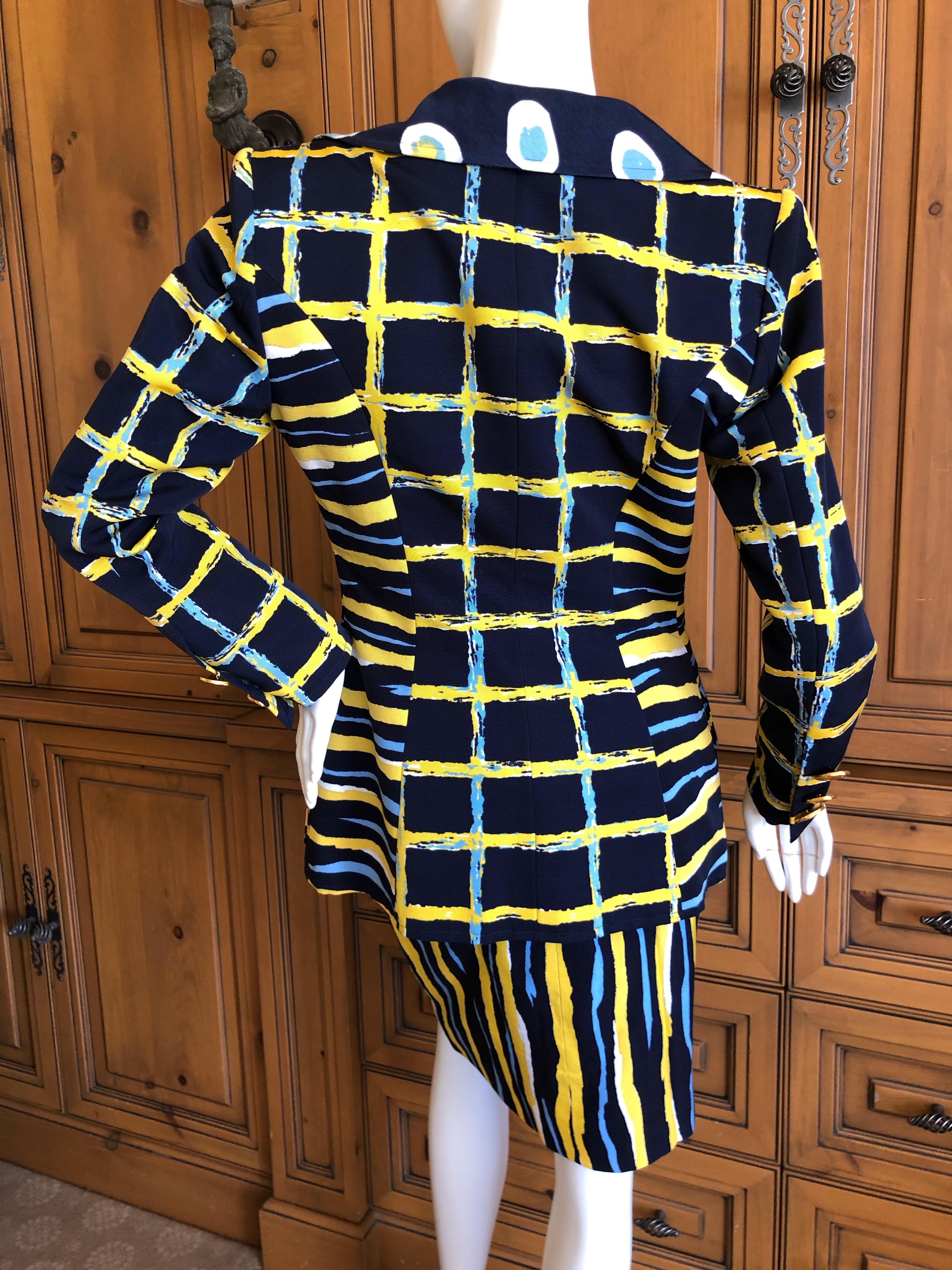 Christian Lacroix Vintage Colorful Pattern Skirt Suit with Bold Gold Buttons For Sale 1