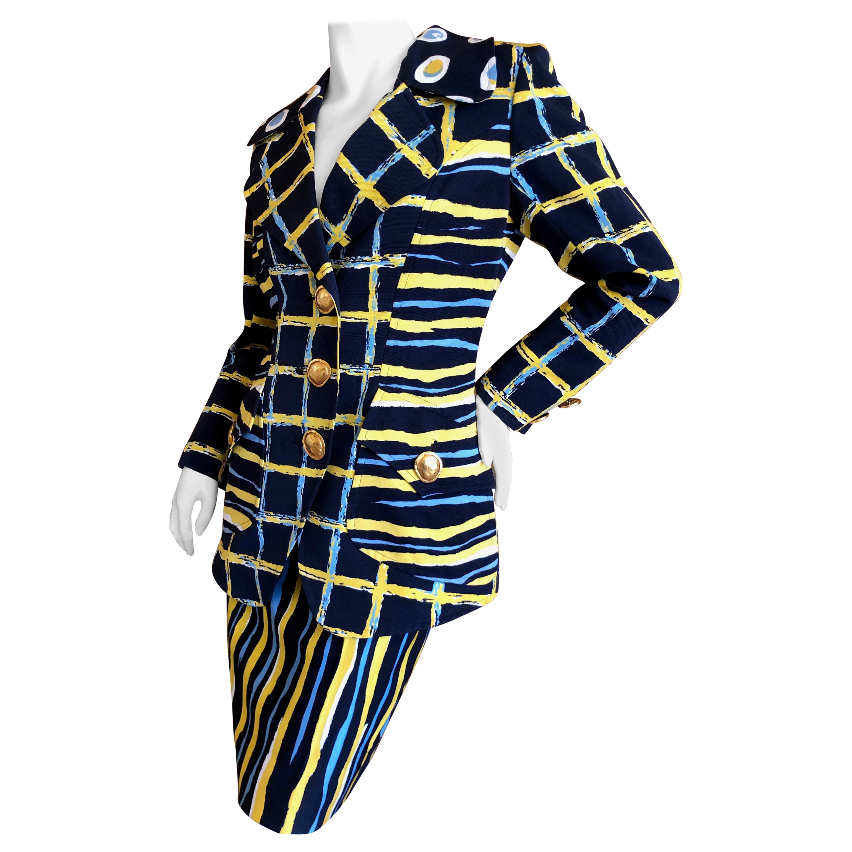 Christian Lacroix Vintage Colorful Pattern Skirt Suit with Bold Gold Buttons For Sale