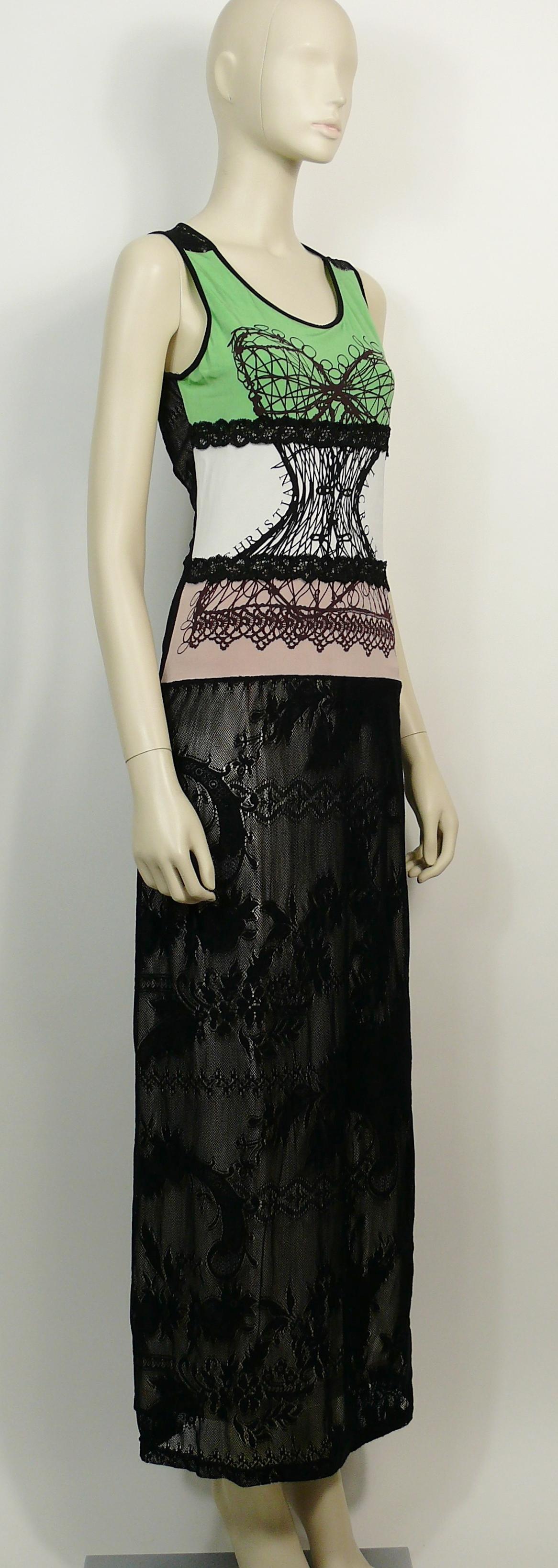CHRISTIAN LACROIX vintage multicolor lace tank maxi dress featuring a corset print at front with CHRISTIAN LACROIX signature.

Slips on.

Has stretch.

Label reads BAZAR de CHRISTIAN LACROIX.
Made in Italy.

Size tag reads : XL.
Please refer to